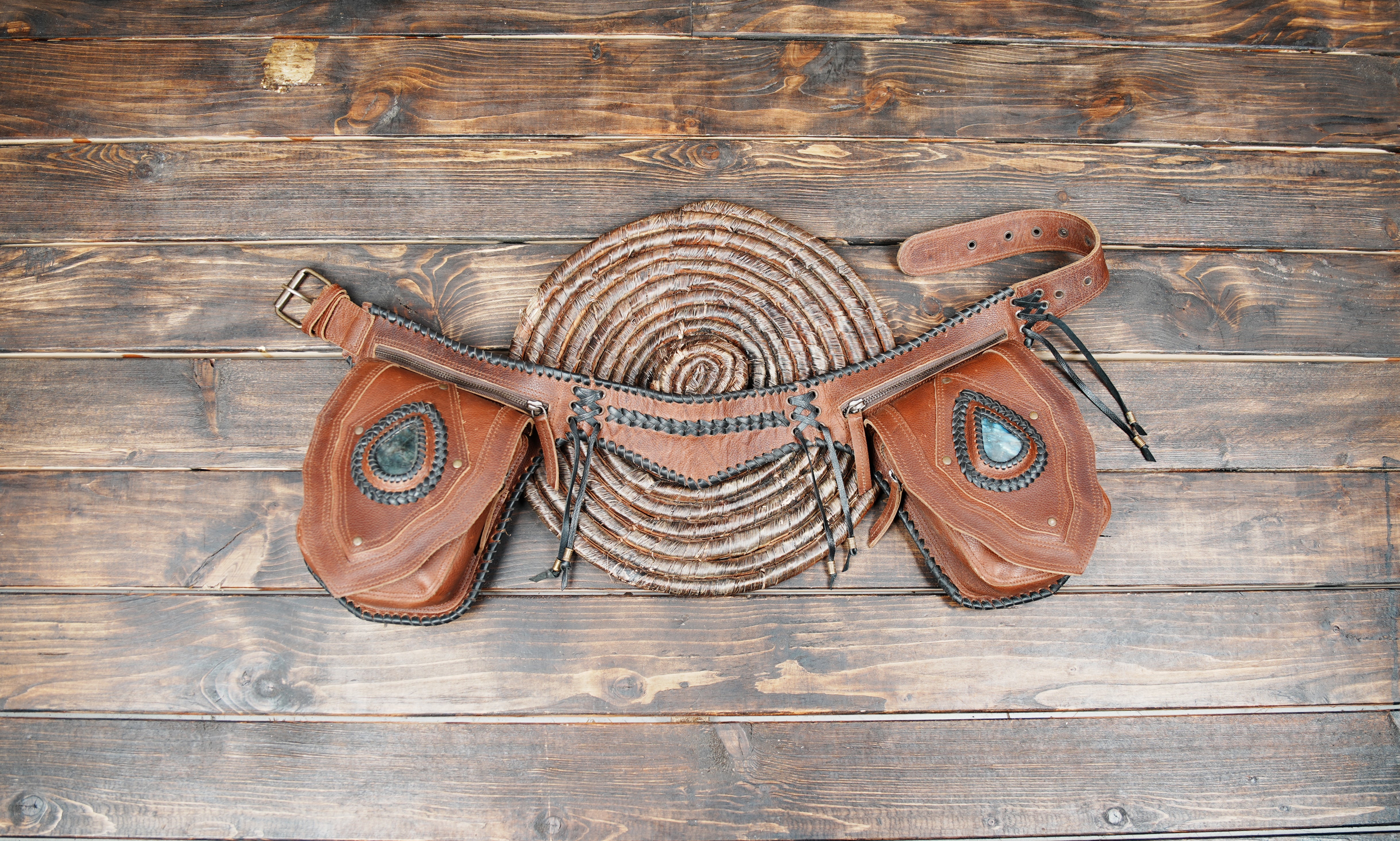 Double Pouch Leather Waist Belt with Gemstones – Handmade Festival Hip Bag