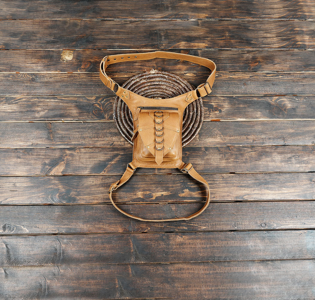 Handmade Leather Waist Thigh Belt with Zipper Pocket and Ring Detail || Genuine Leather Waist and Thigh Belt for Festivals and Travel  (LT-AB-WBTS-6033)