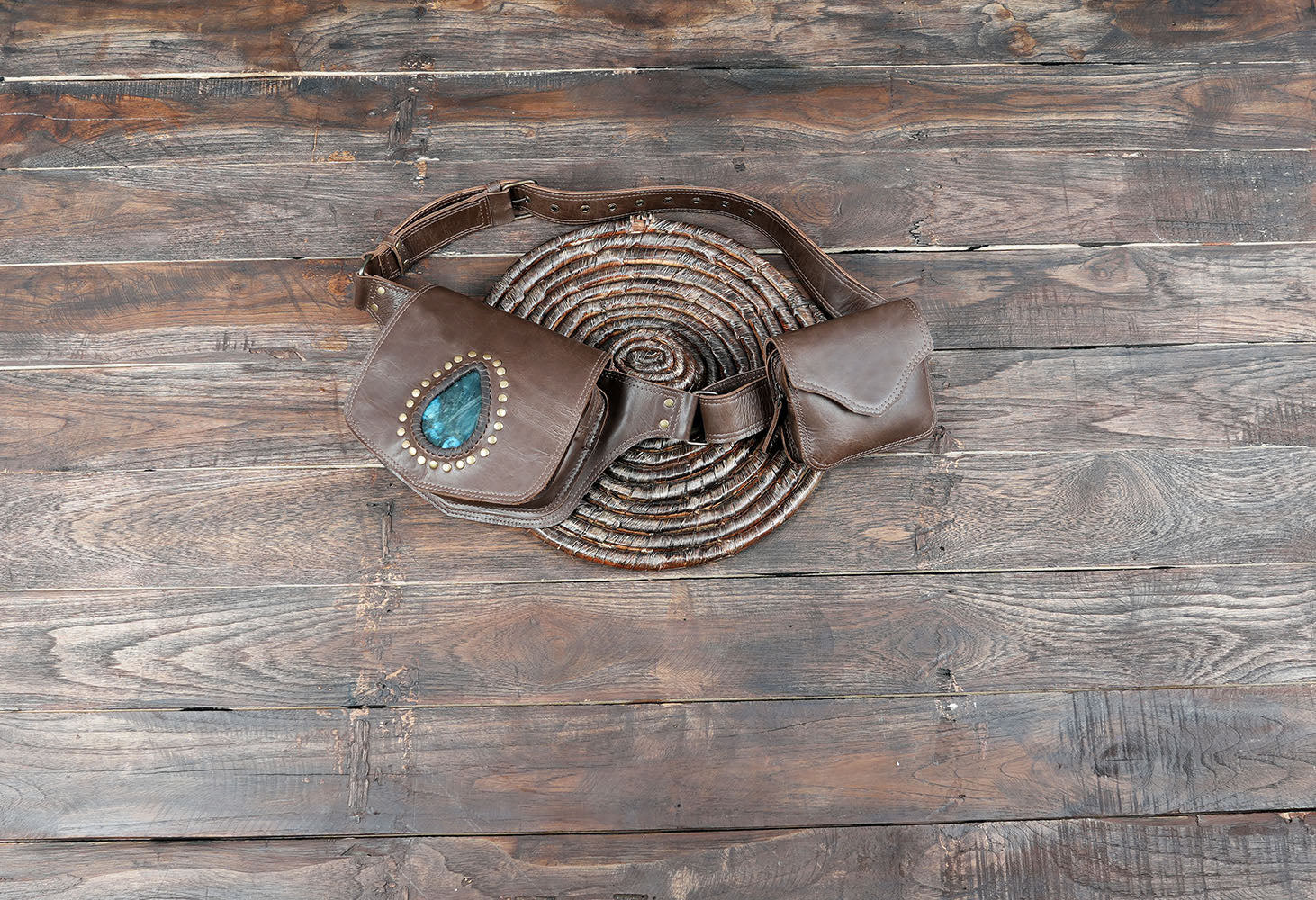 Unisex black leather hip pouch with gemstone detail