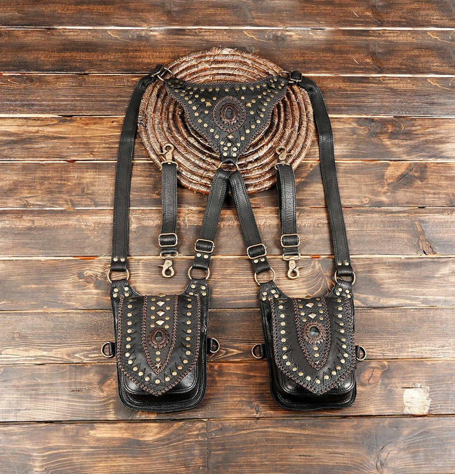 Handmade black leather shoulder holster bag with gemstone detail