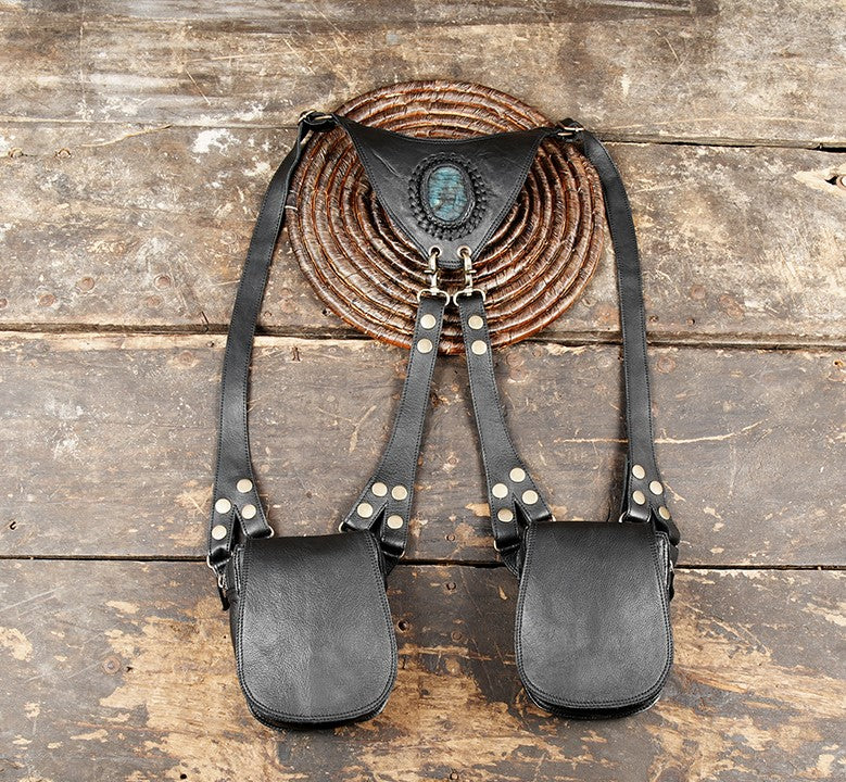 Handmade black leather holster bag with dual pouches