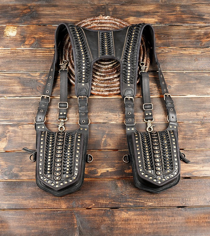 Premium handcrafted black leather harness bag with brass studs