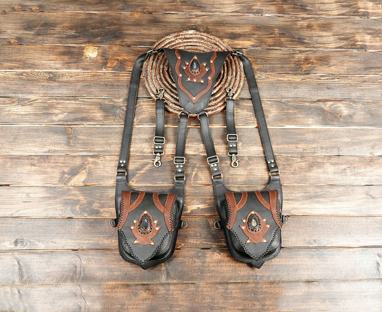 Biker festival holster bag in brown and black leather with gemstone centerpiece.