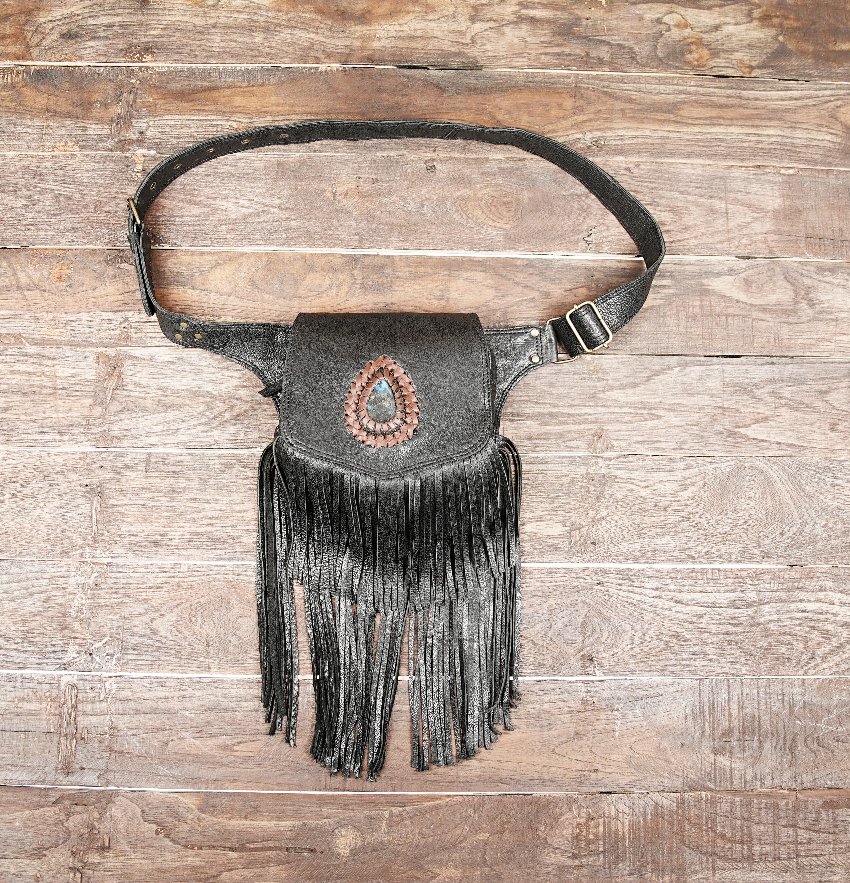 Handmade Black Leather Fringe Waist Bag: Labradorite Gemstone Belt Pouch