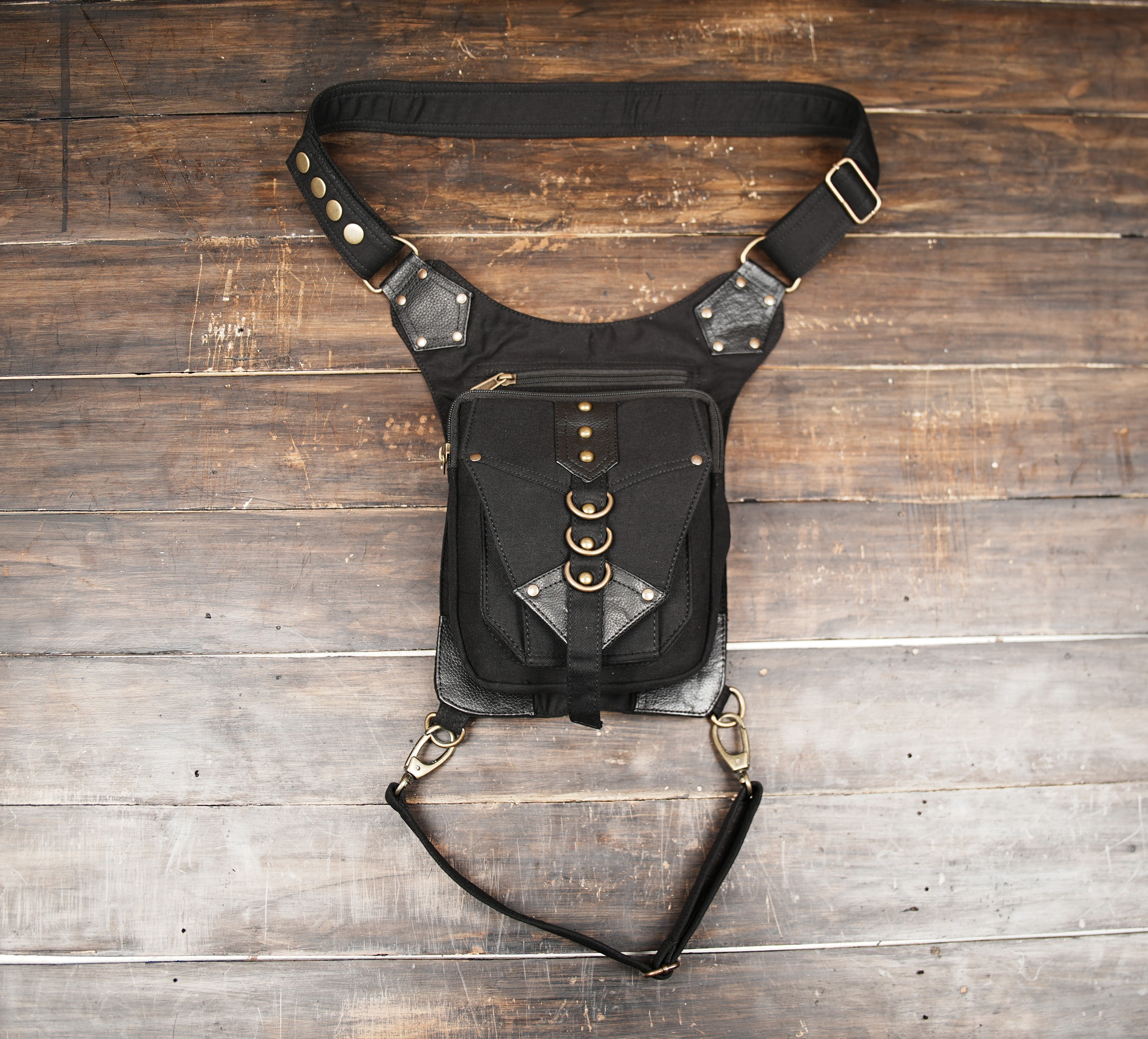 Black cotton waist and thigh bag with adjustable straps