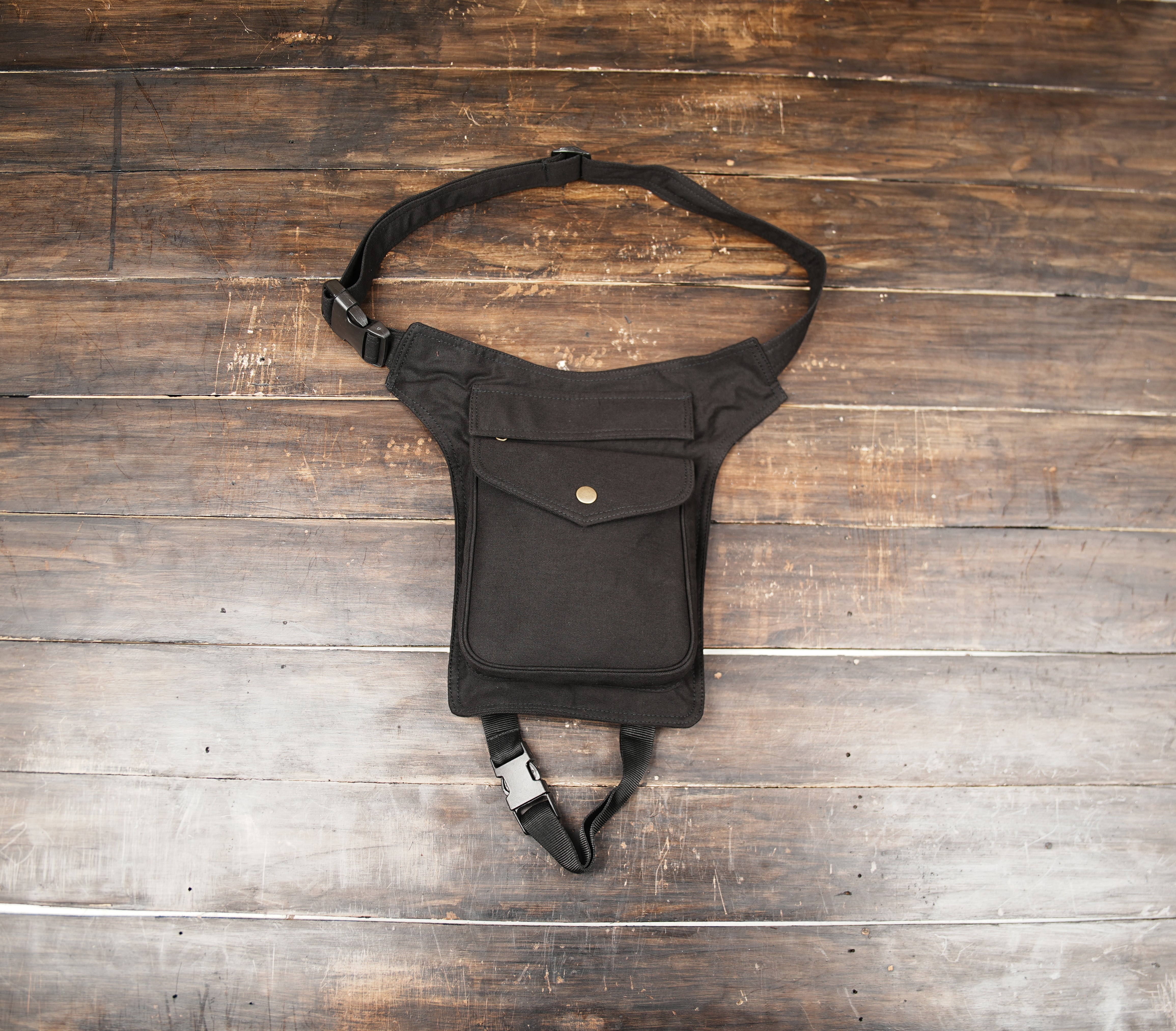 Black Cotton Thigh Belt with Utility Pouch – Handmade Festival Bag