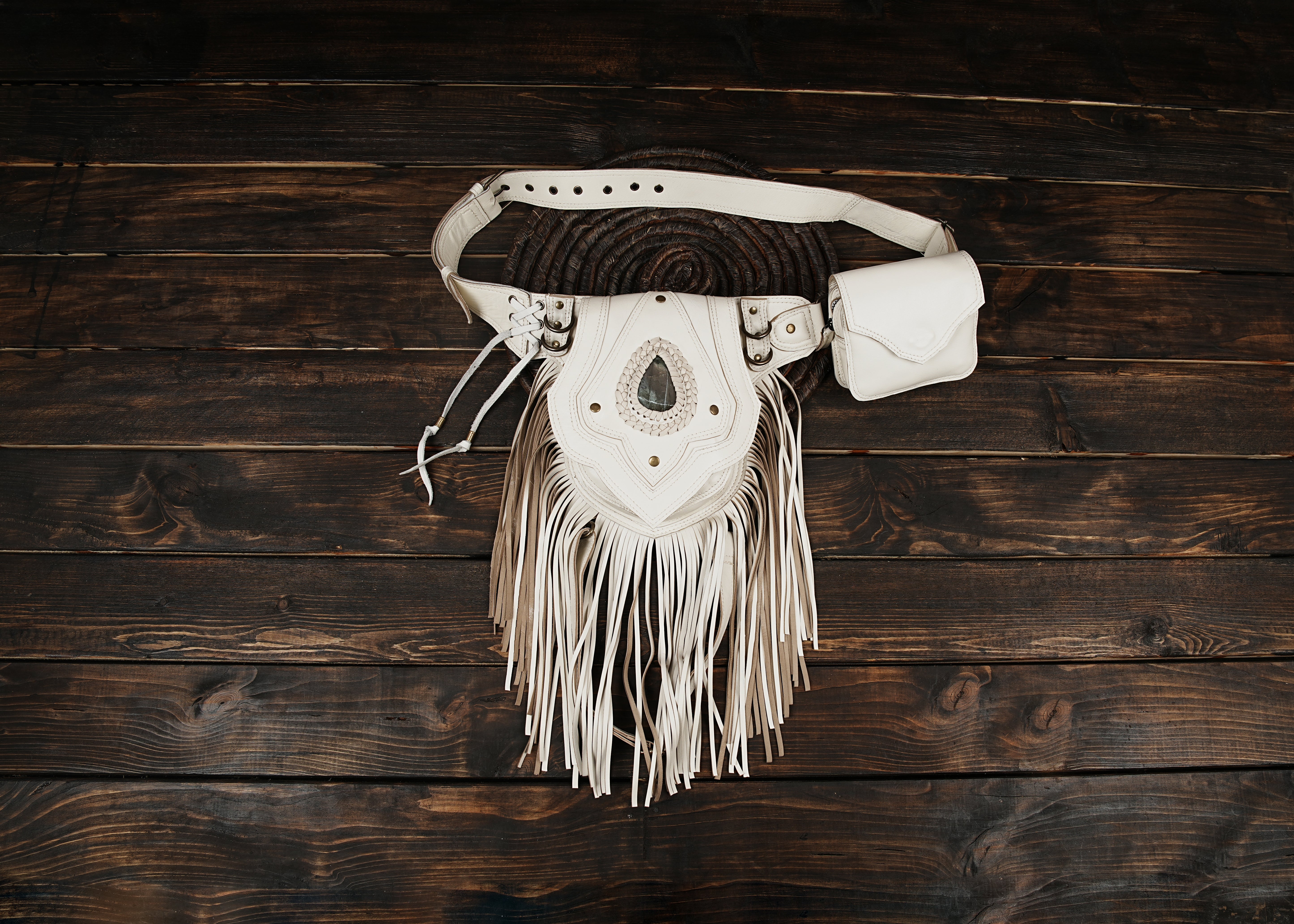 Leather waist thigh belt with braided leather trim