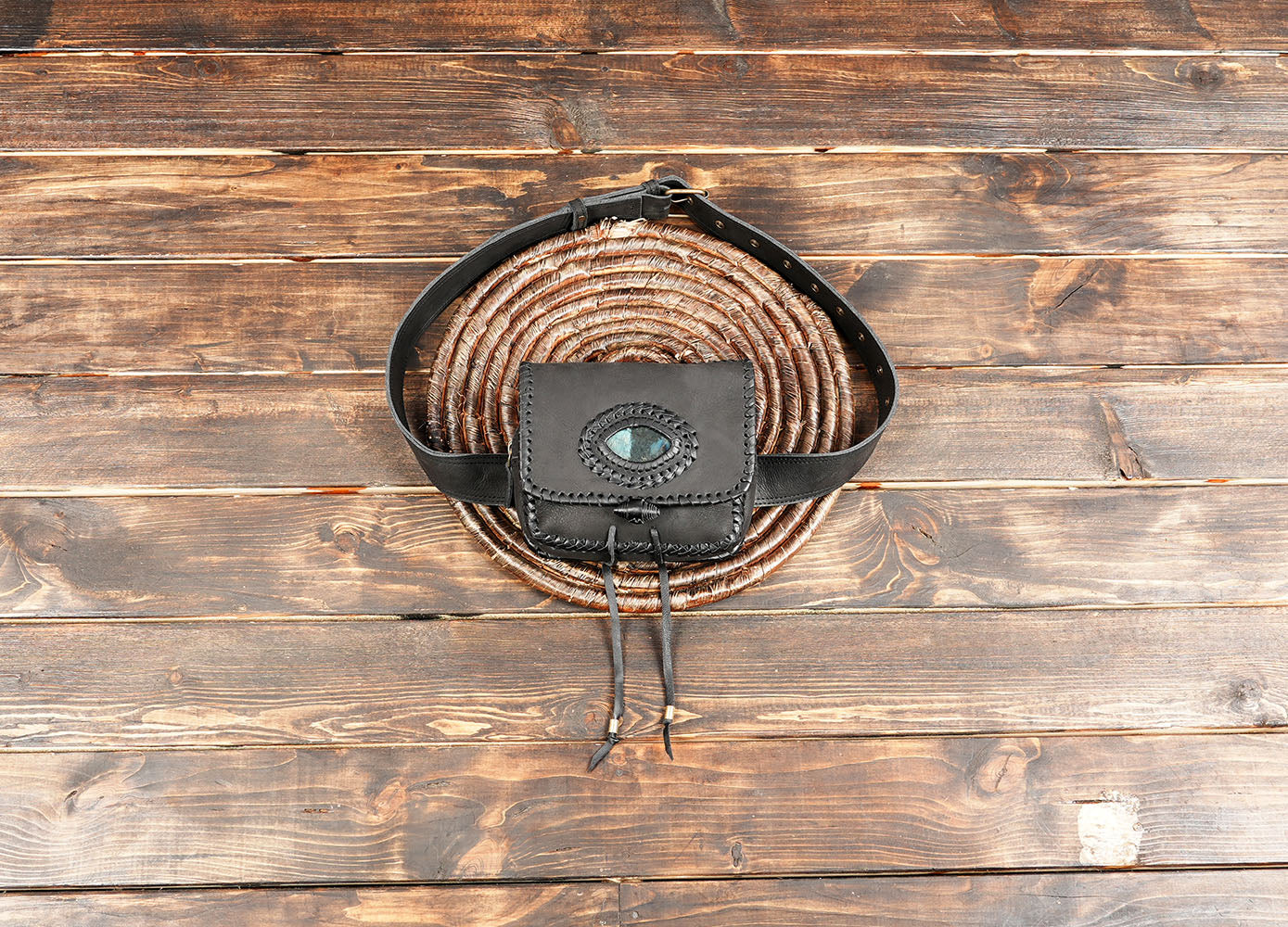 Handmade Black Leather Waist Belt with Labradorite Stone (LT-AB-WB-6163)