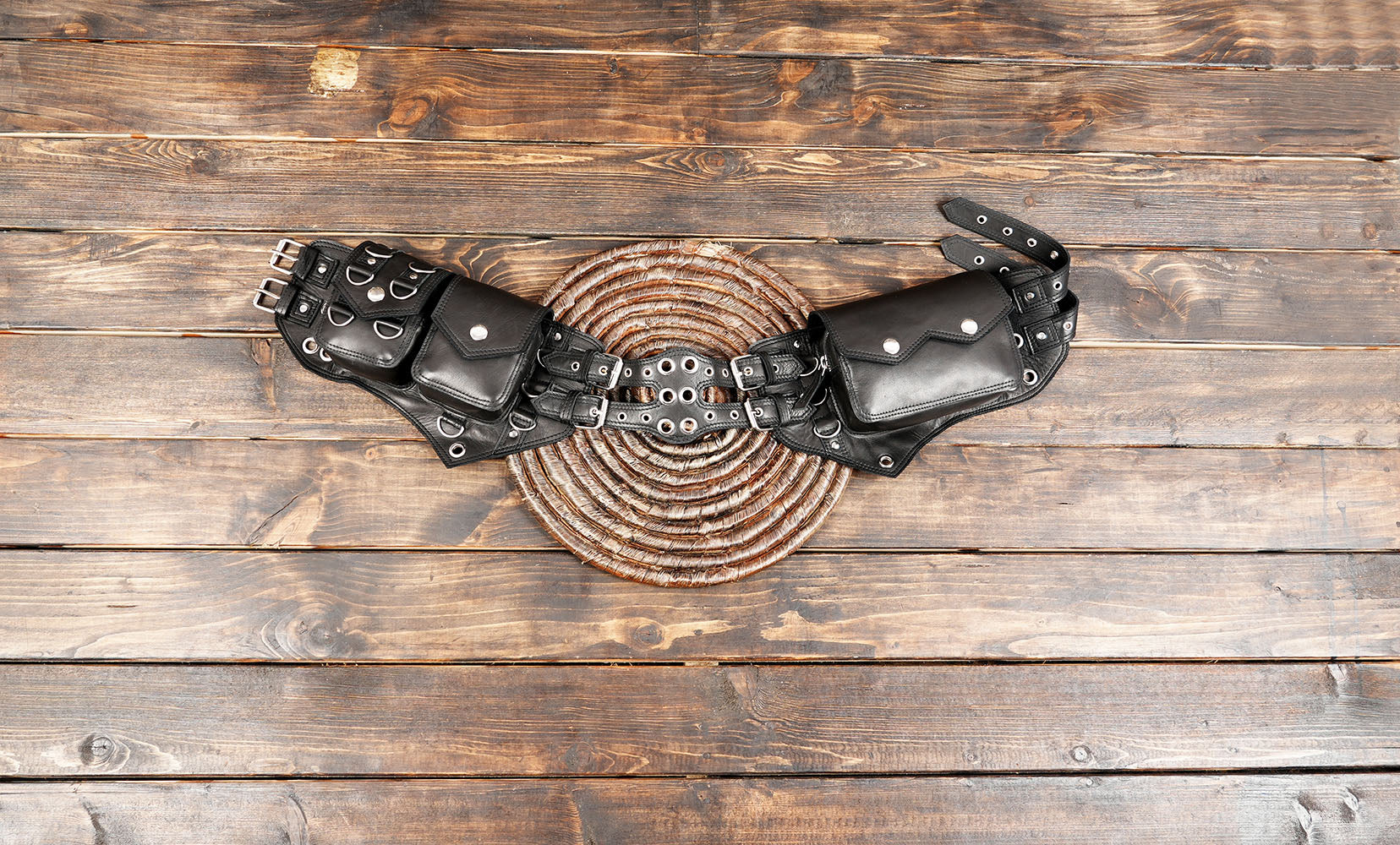 Handcrafted Black Leather Belt Bag with Gemstone Accents 