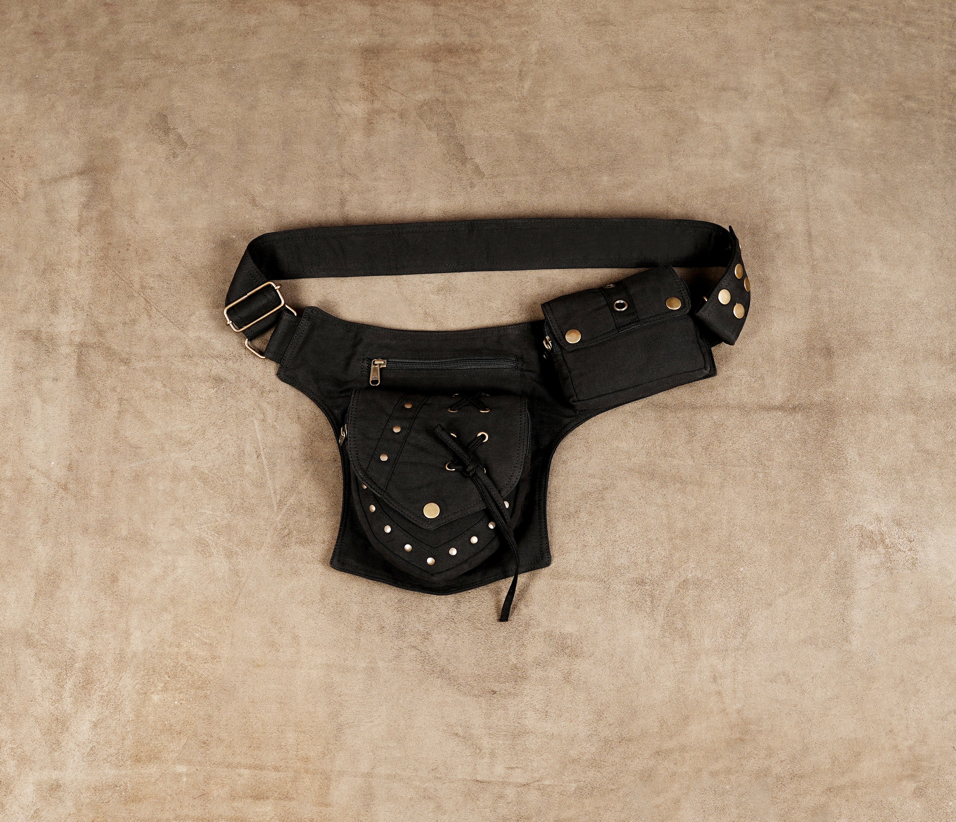 Hippie black cotton fanny pack with lace-up flap and brass hardware