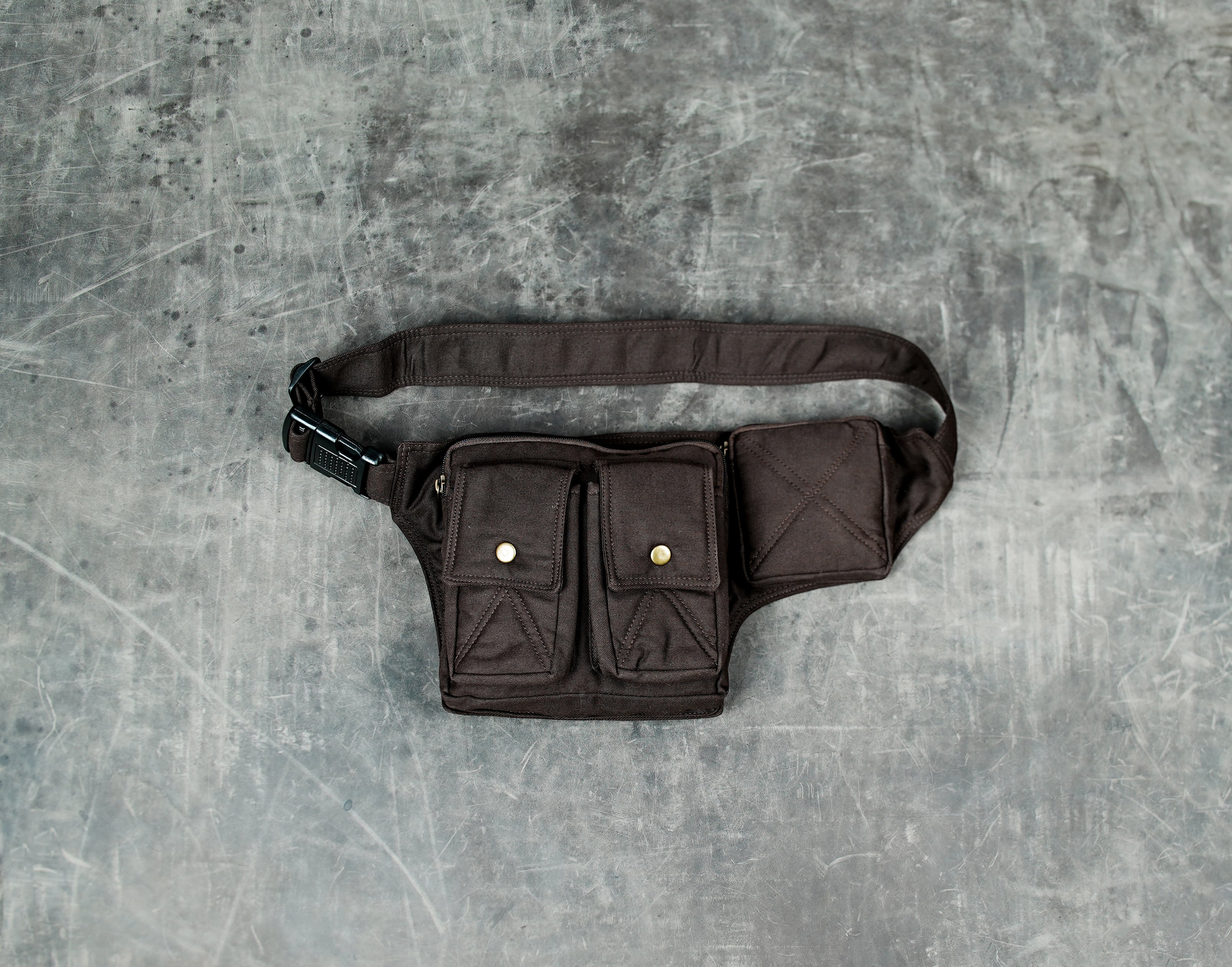 Cotton utility belt bag with zip compartment and side pouch