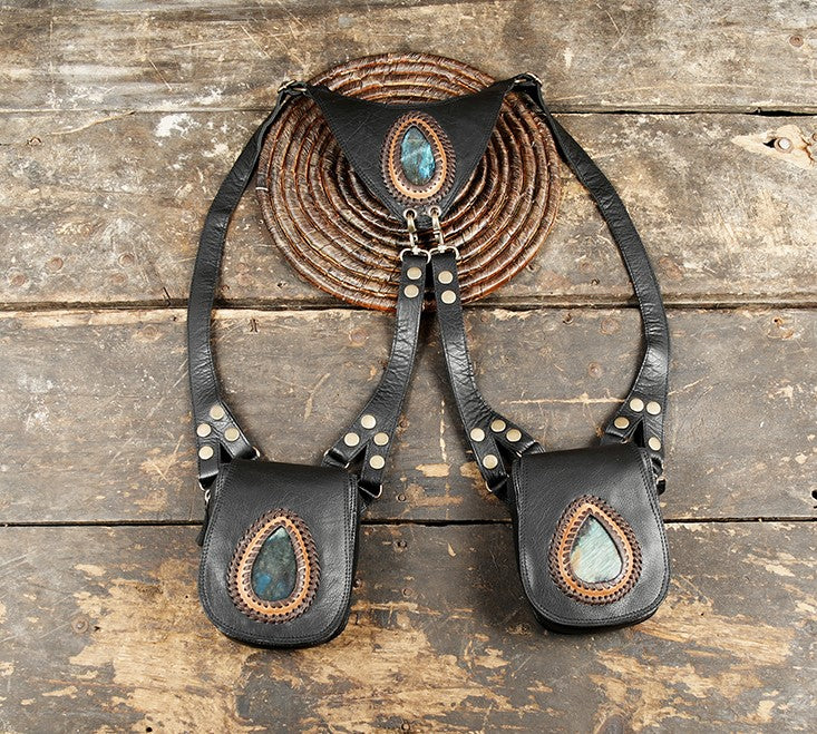 Handmade black leather harness bag with labradorite gemstone