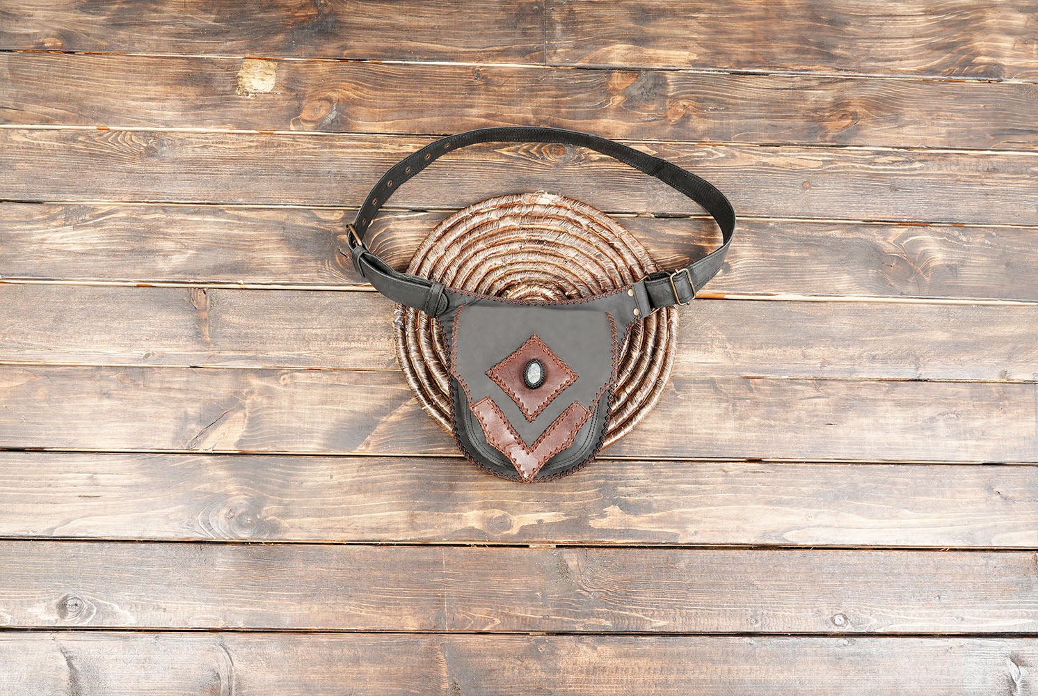 Black & Brown Leather Waist Belt Bag – Handmade Festival Tribal Hip Pouch