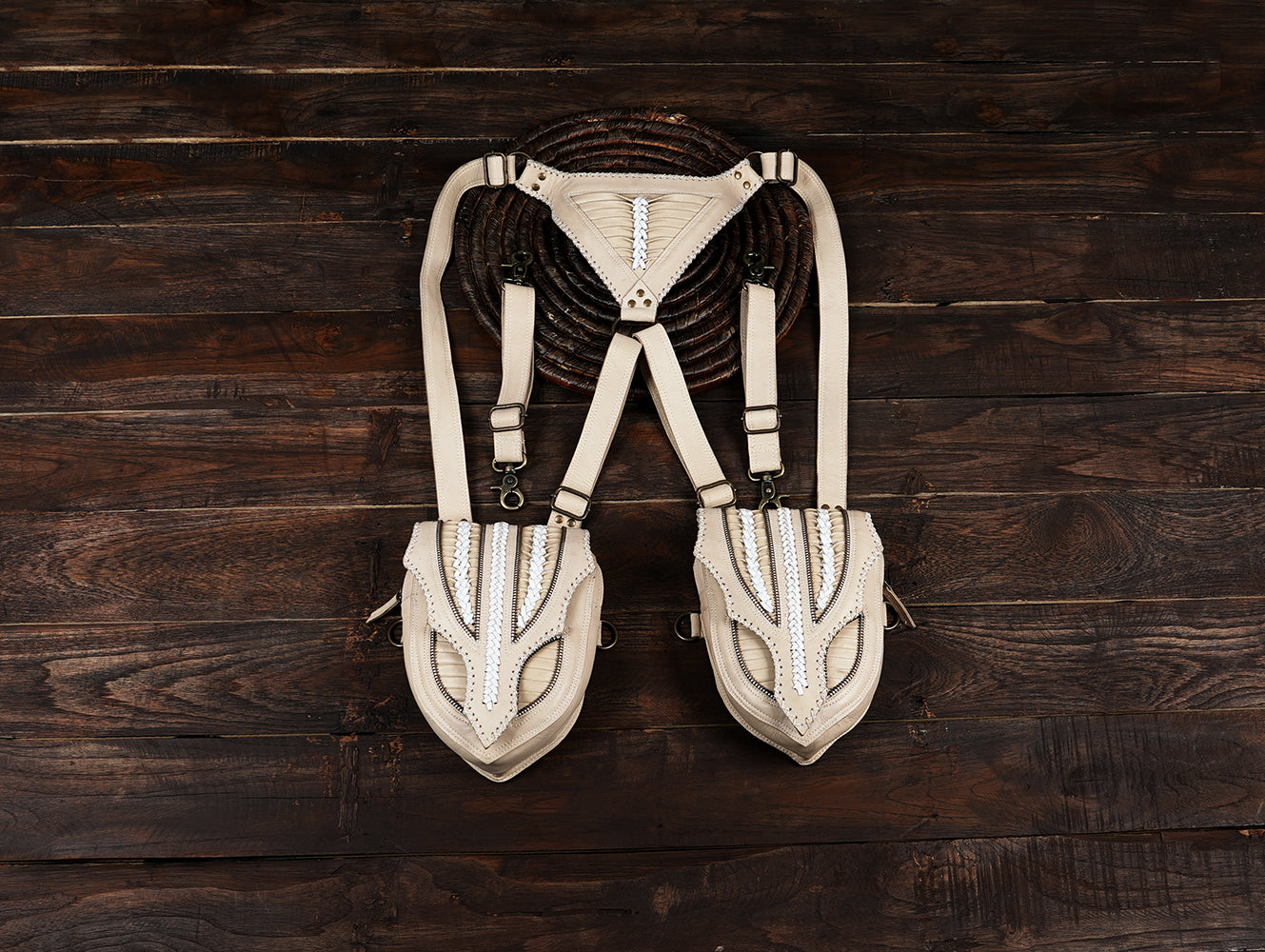 White Leather Holster Bag Handmade Leather Shoulder Bag Leather Festival Bag  Leather Harness Bag Double pocket Holster with unique creativity 