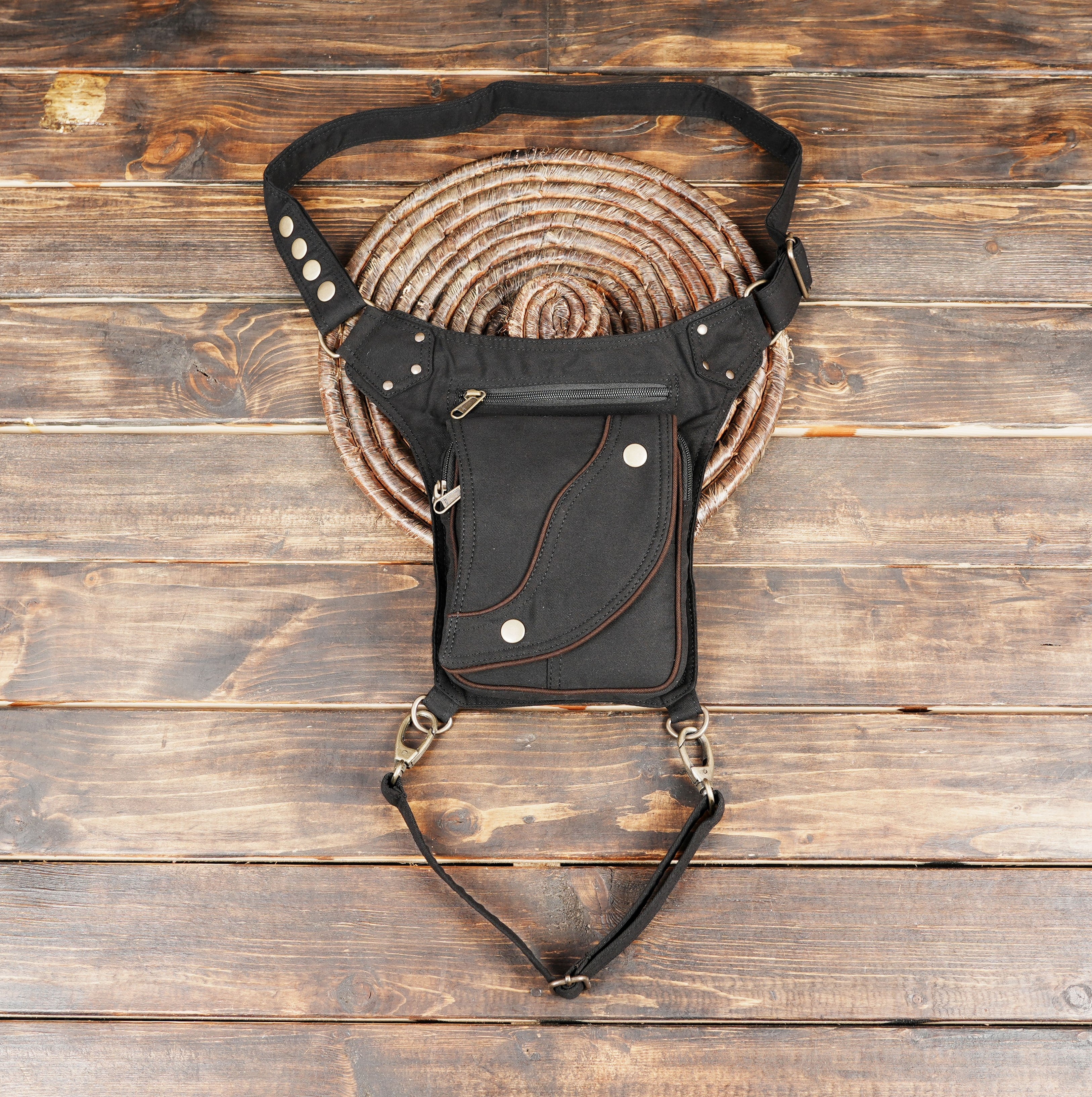 Black Dark Brown Green Cotton Hip and Thigh Bag for