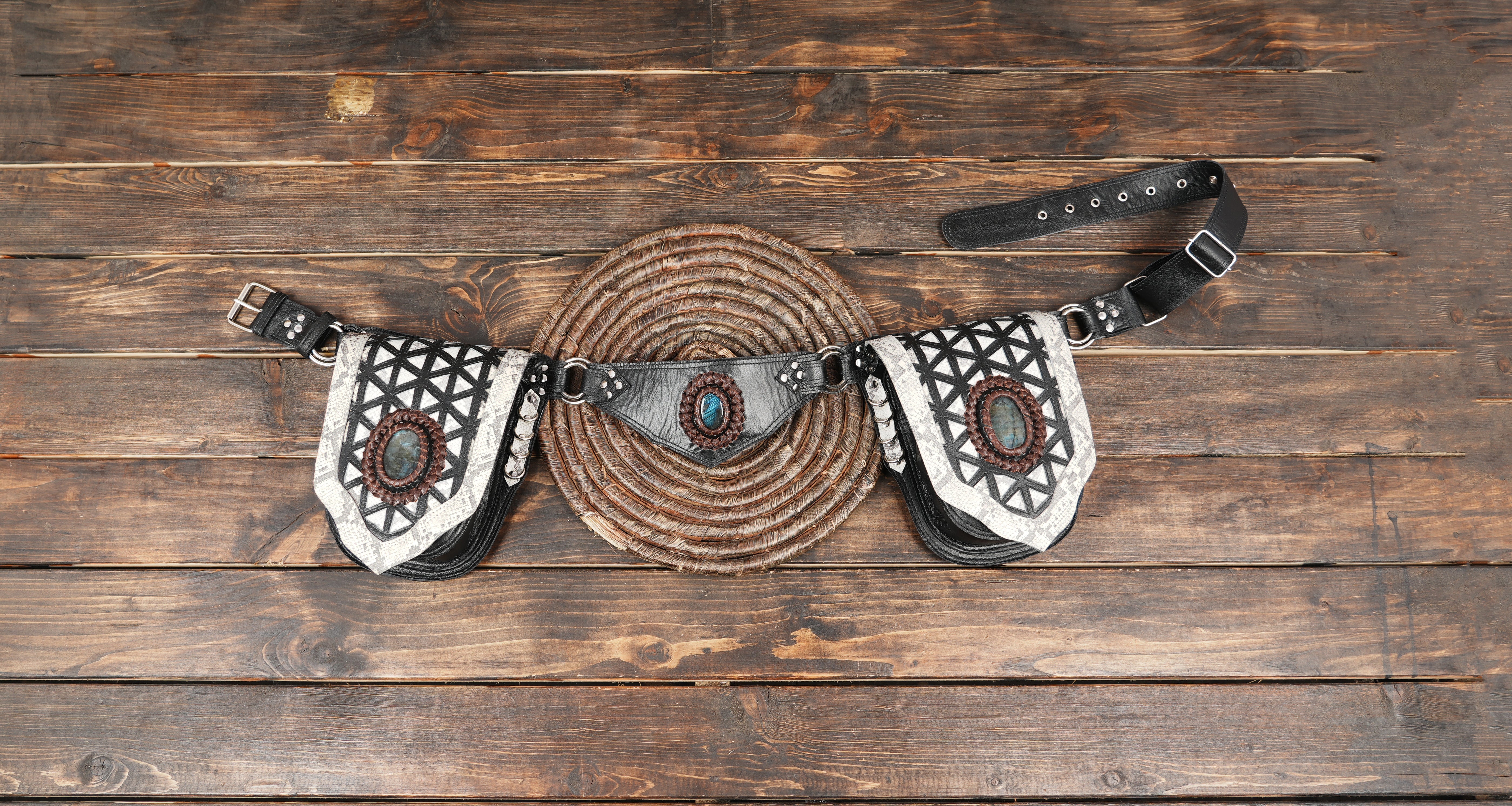 Handmade Leather Waist Belt with Stone & Tribal Design