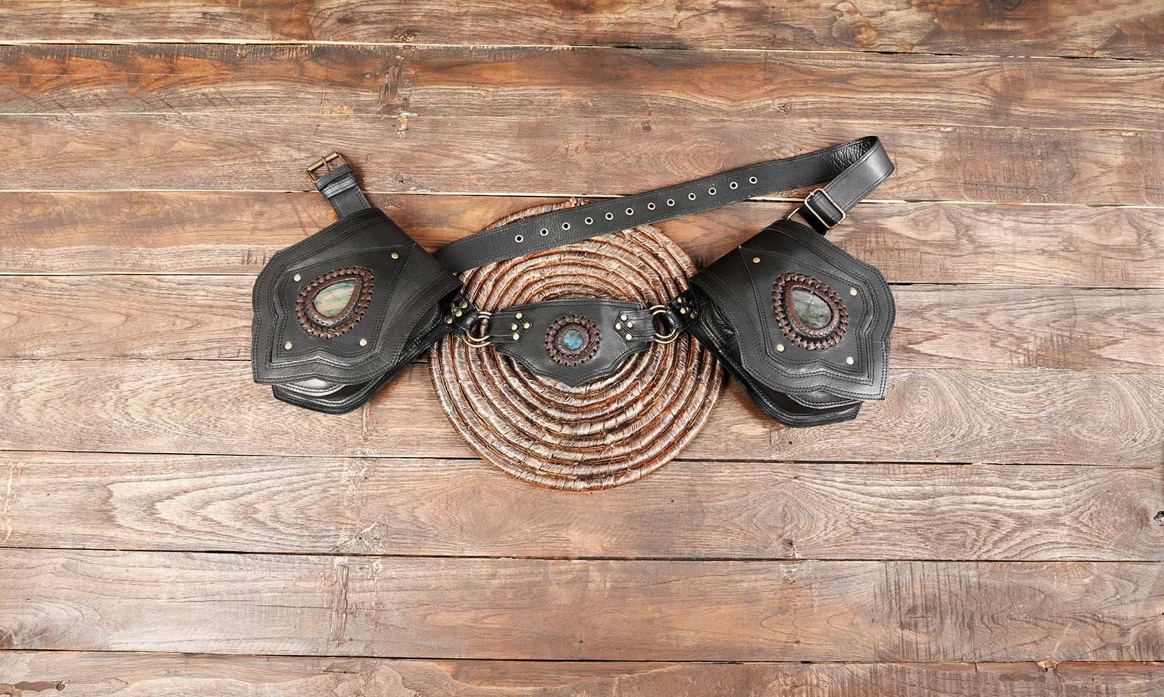 Handmade black leather utility belt with gemstone and Western design