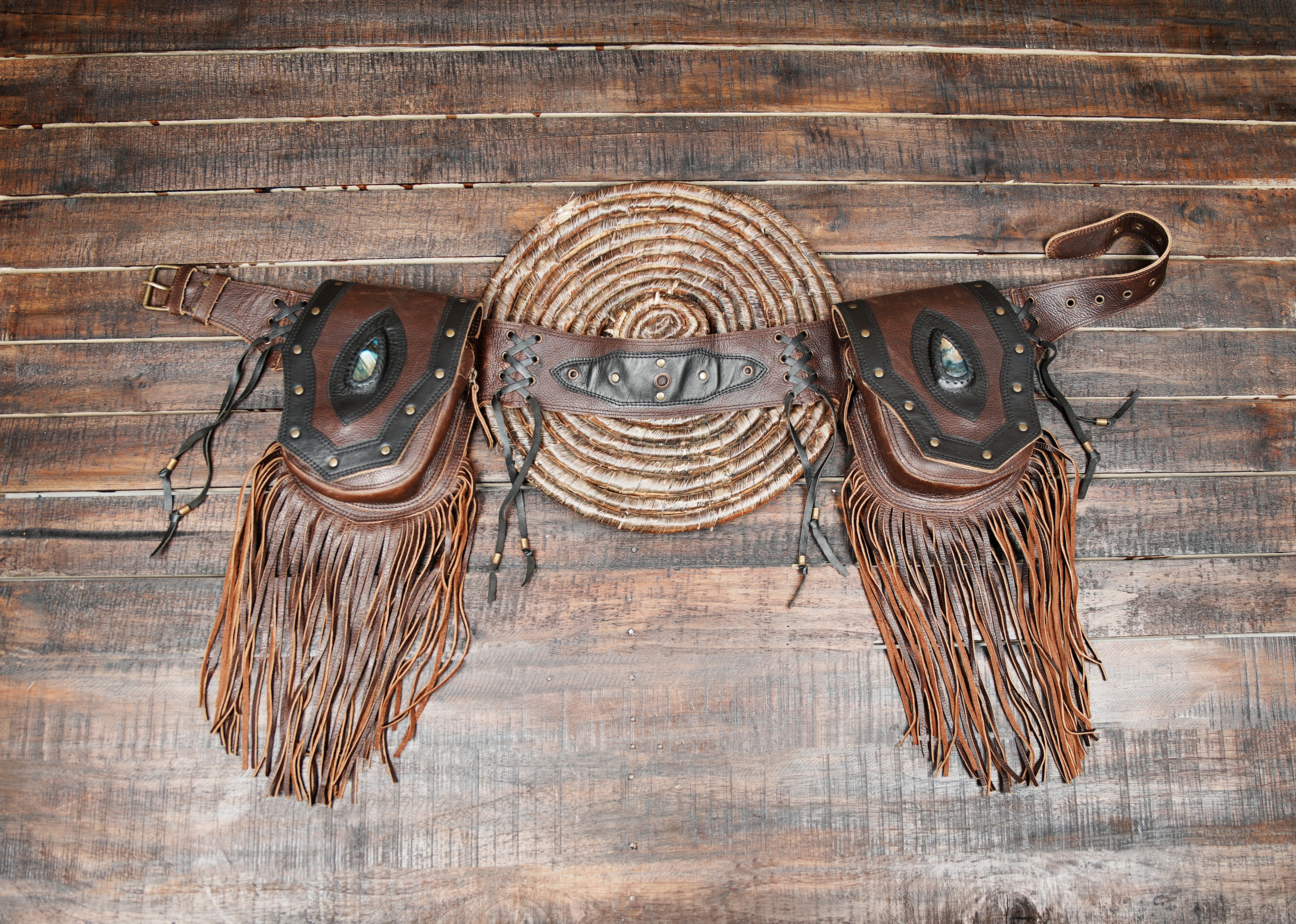 Handmade Leather Waist Belt with Fringe & Gemstone – Festival & Tribal Utility Bag