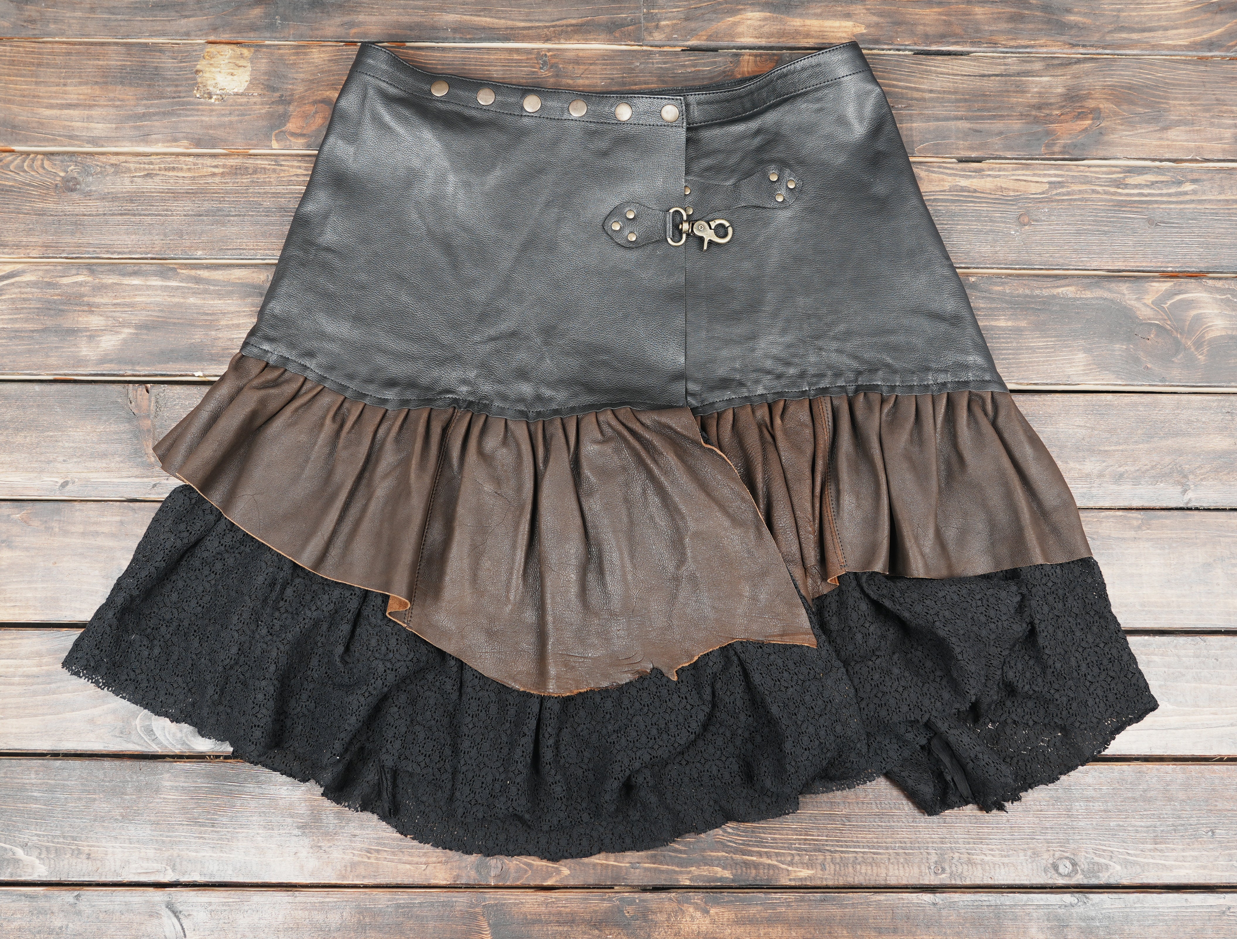 Steampunk style leather skirt belt with buckle detail