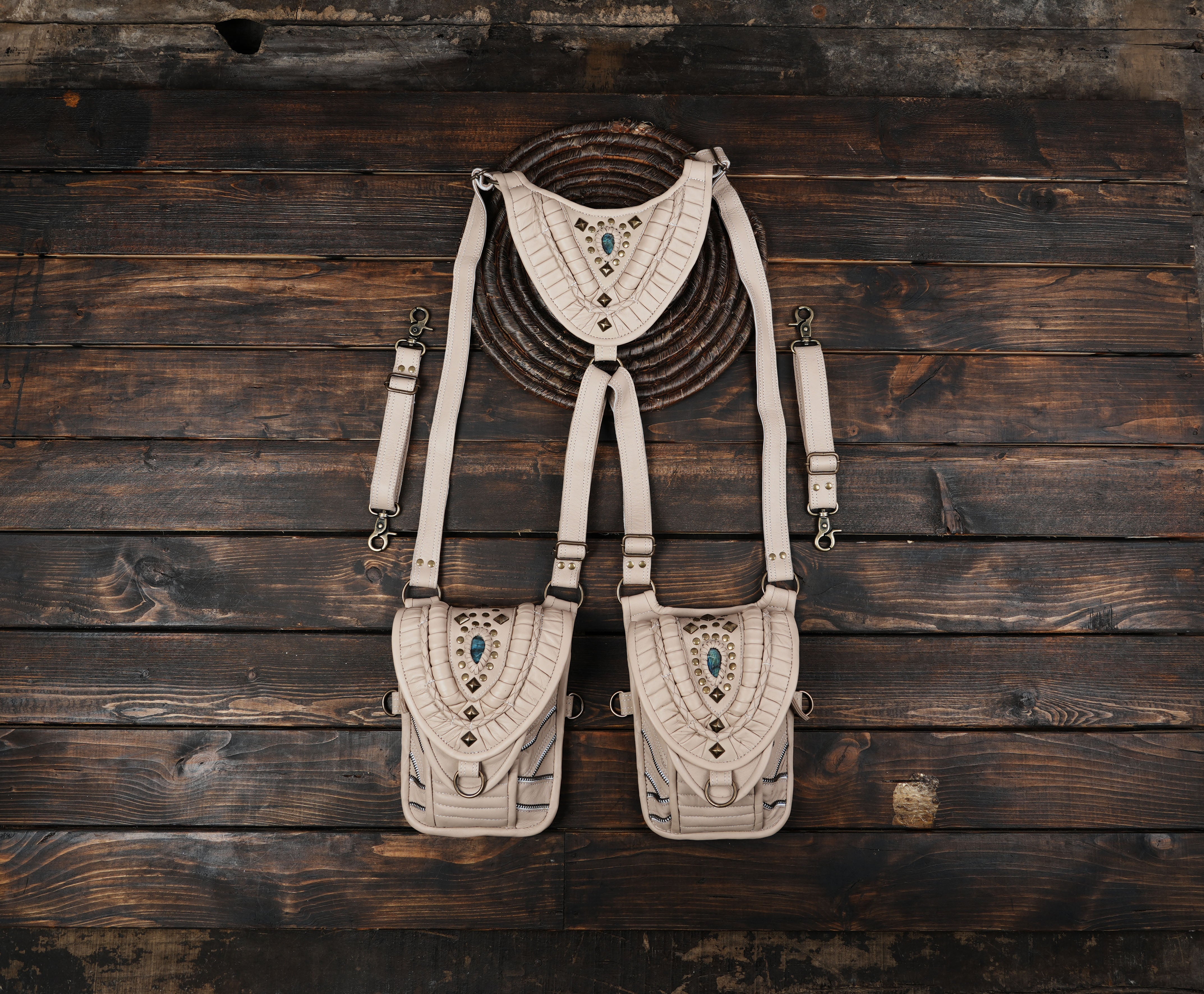 leather double holster with gemstone accents and layered stitching”
