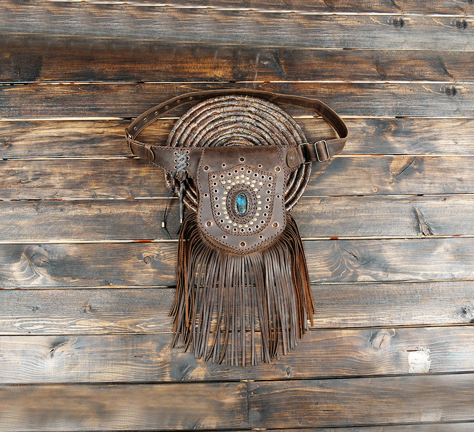 Handmade Genuine Leather Waist Belt with Gemstone || Gothic Boho Leather Belt Bag with Stone Centerpiece (LT-AB-WB-6124)