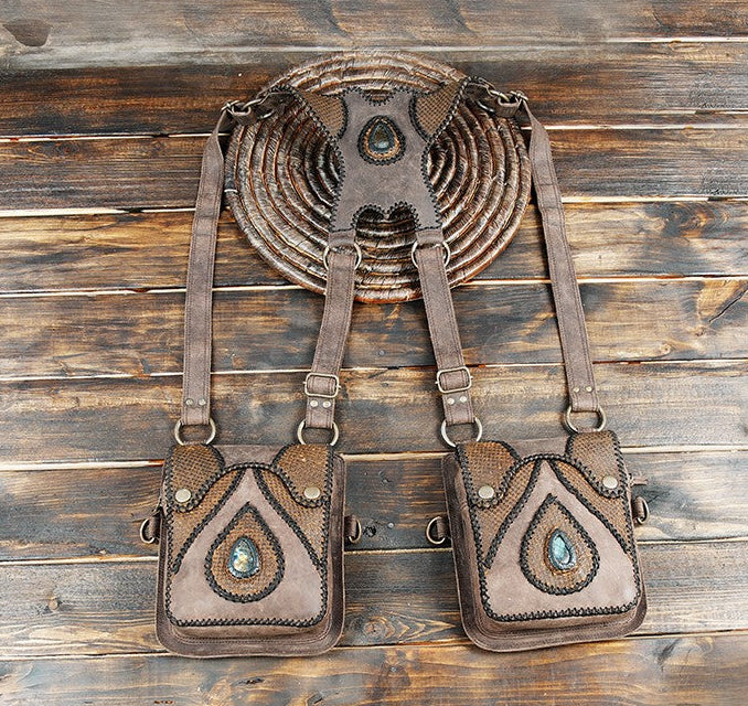 Rustic handmade brown leather holster bag featuring a teardrop gemstone design