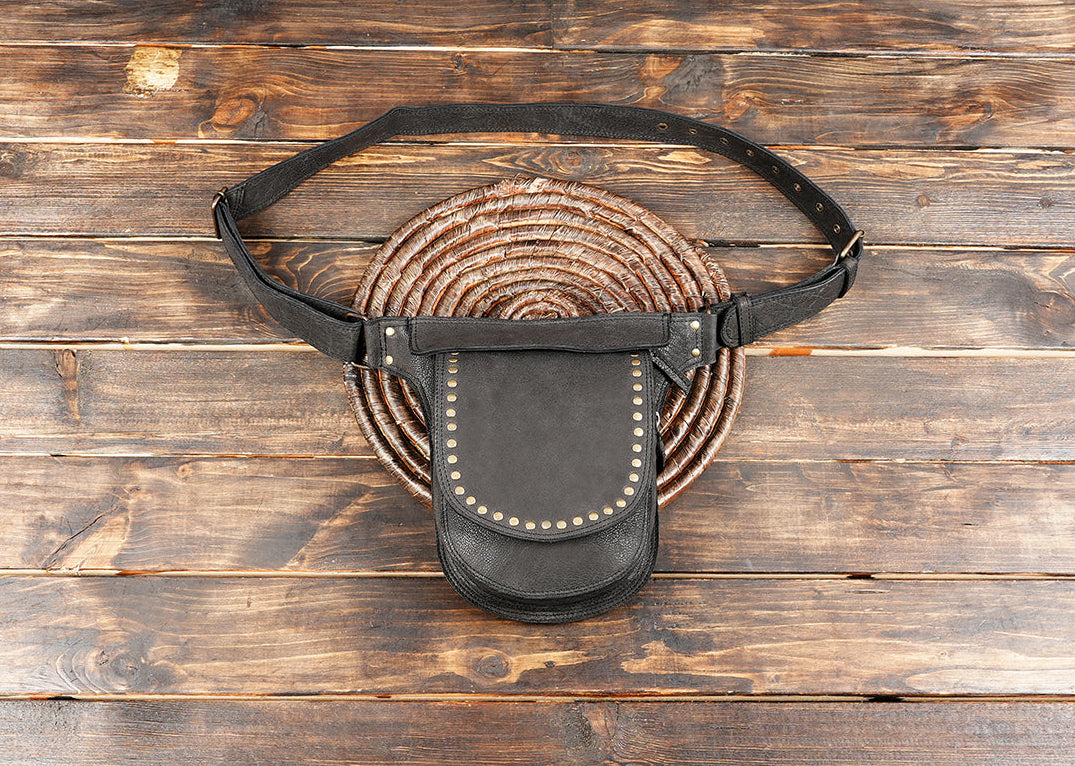 Handcrafted black leather waist belt with front pouch and stud detail