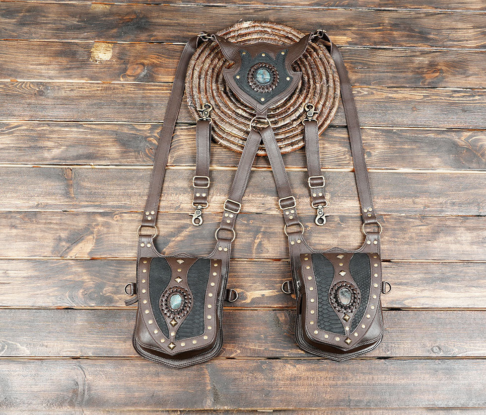 Double Pouch Leather Holster Harness – Handmade Festival Utility Belt with Gemstones