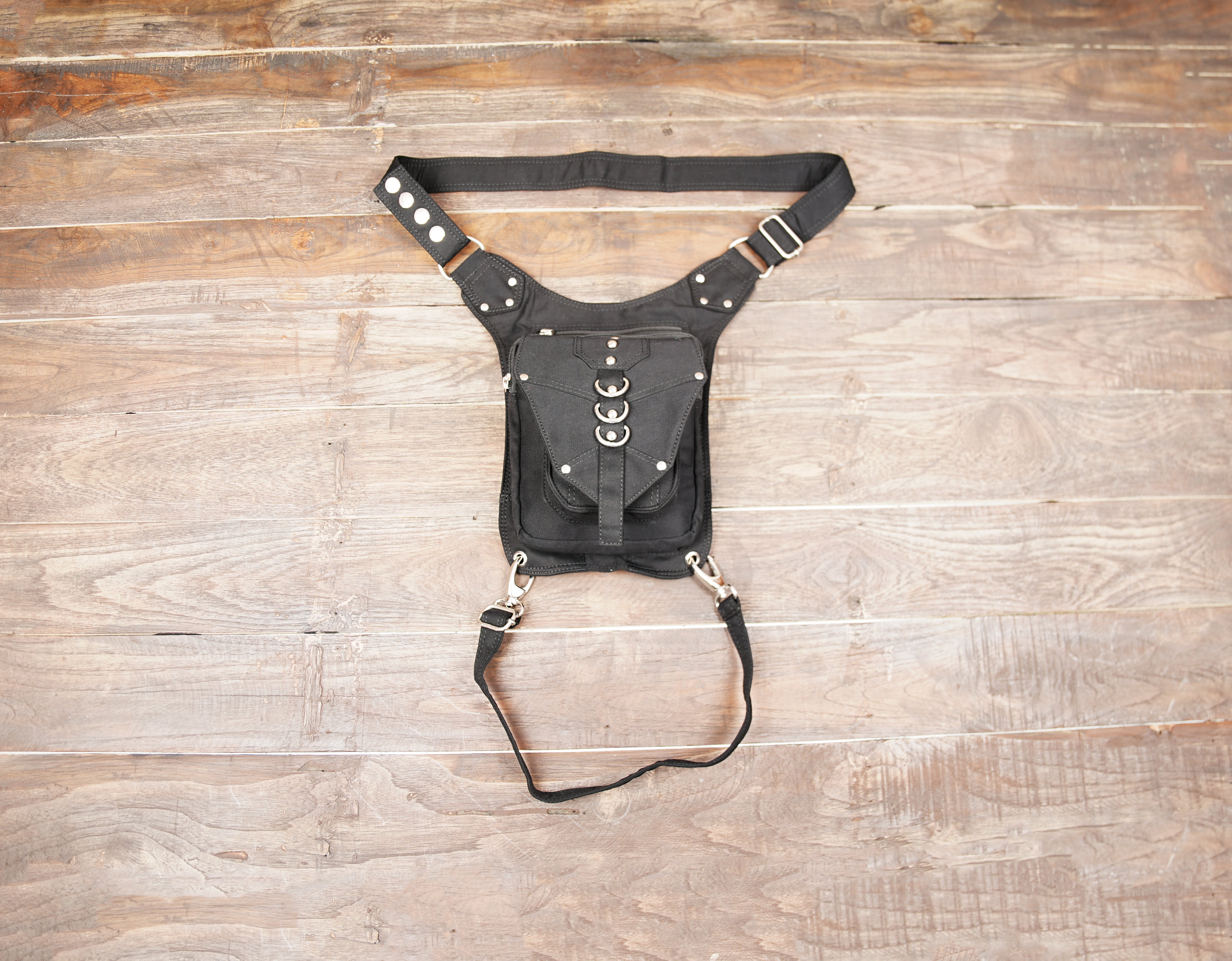 Steampunk Black Cotton Canvas Drop Leg Bag with Silver Ring Detail
