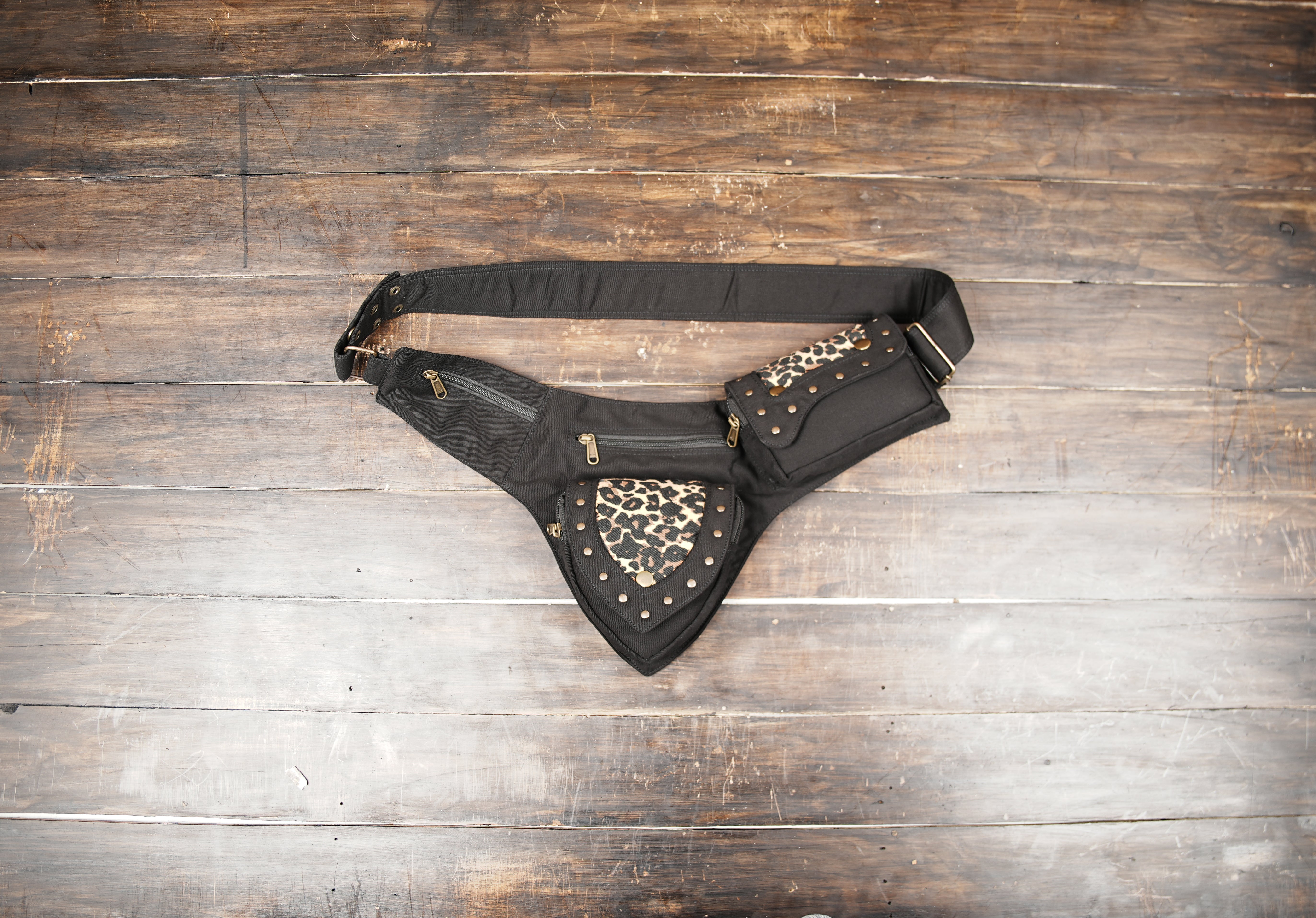Black cotton hip pouch with zippered compartments