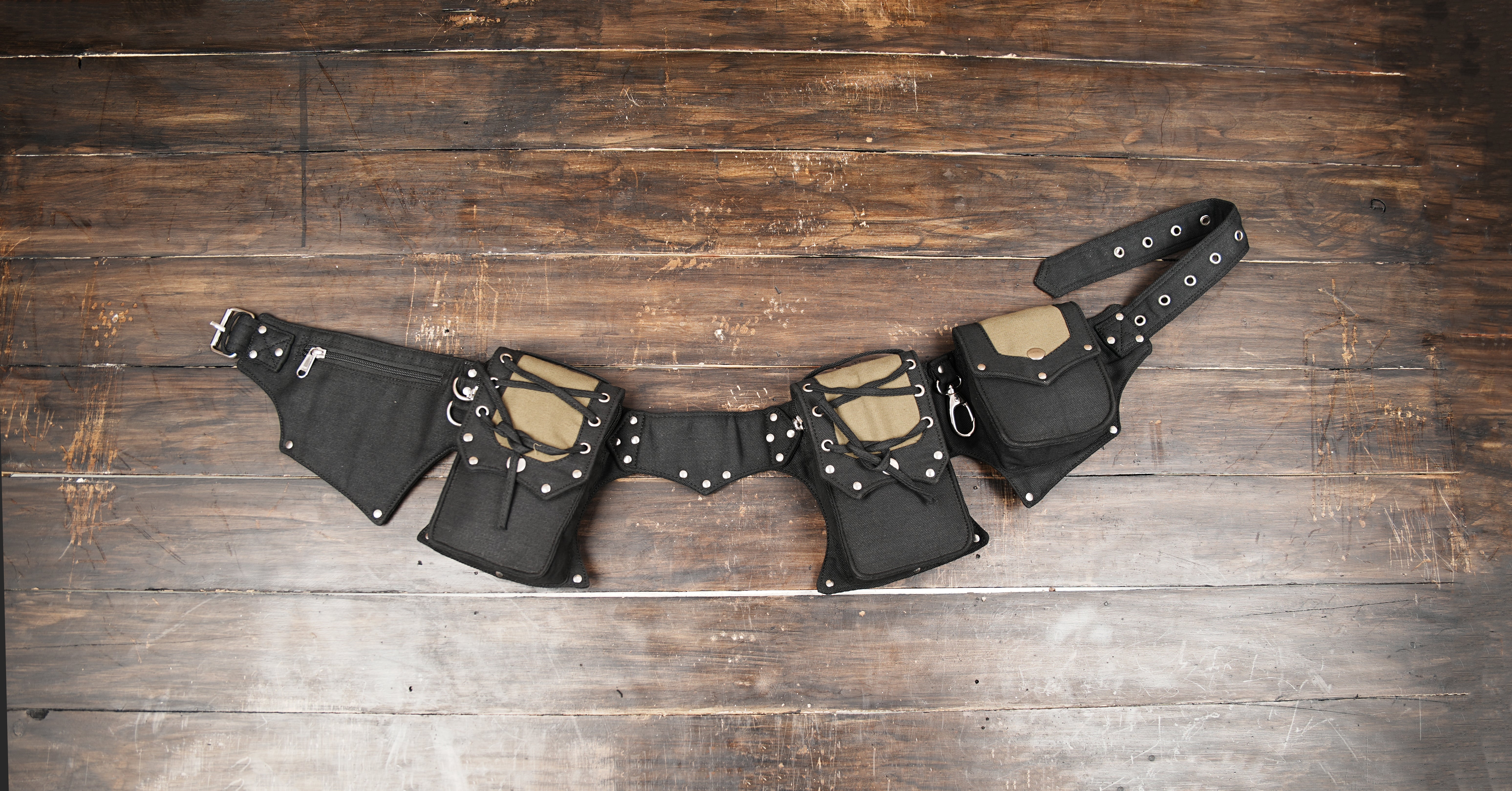 multi-pocket canvas hip pouch with adjustable belt