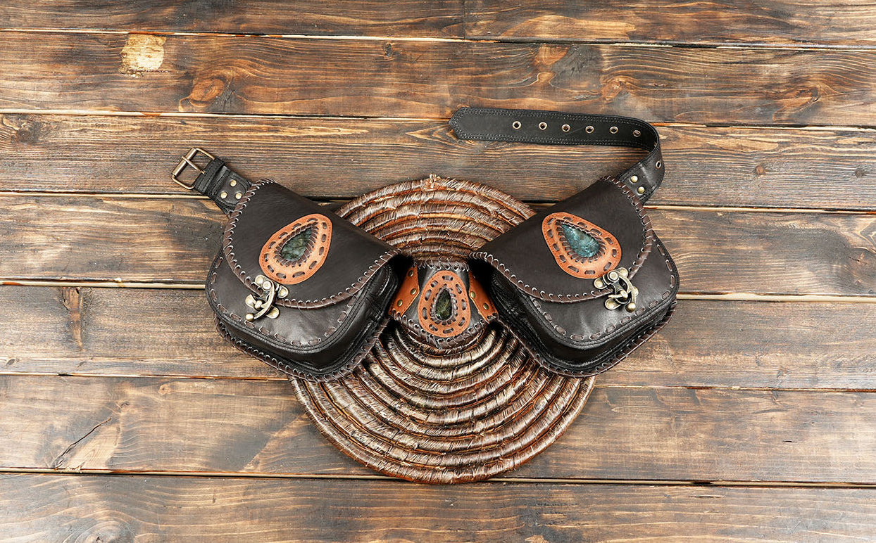 Handmade leather waist belt with dual pockets and gemstone accents