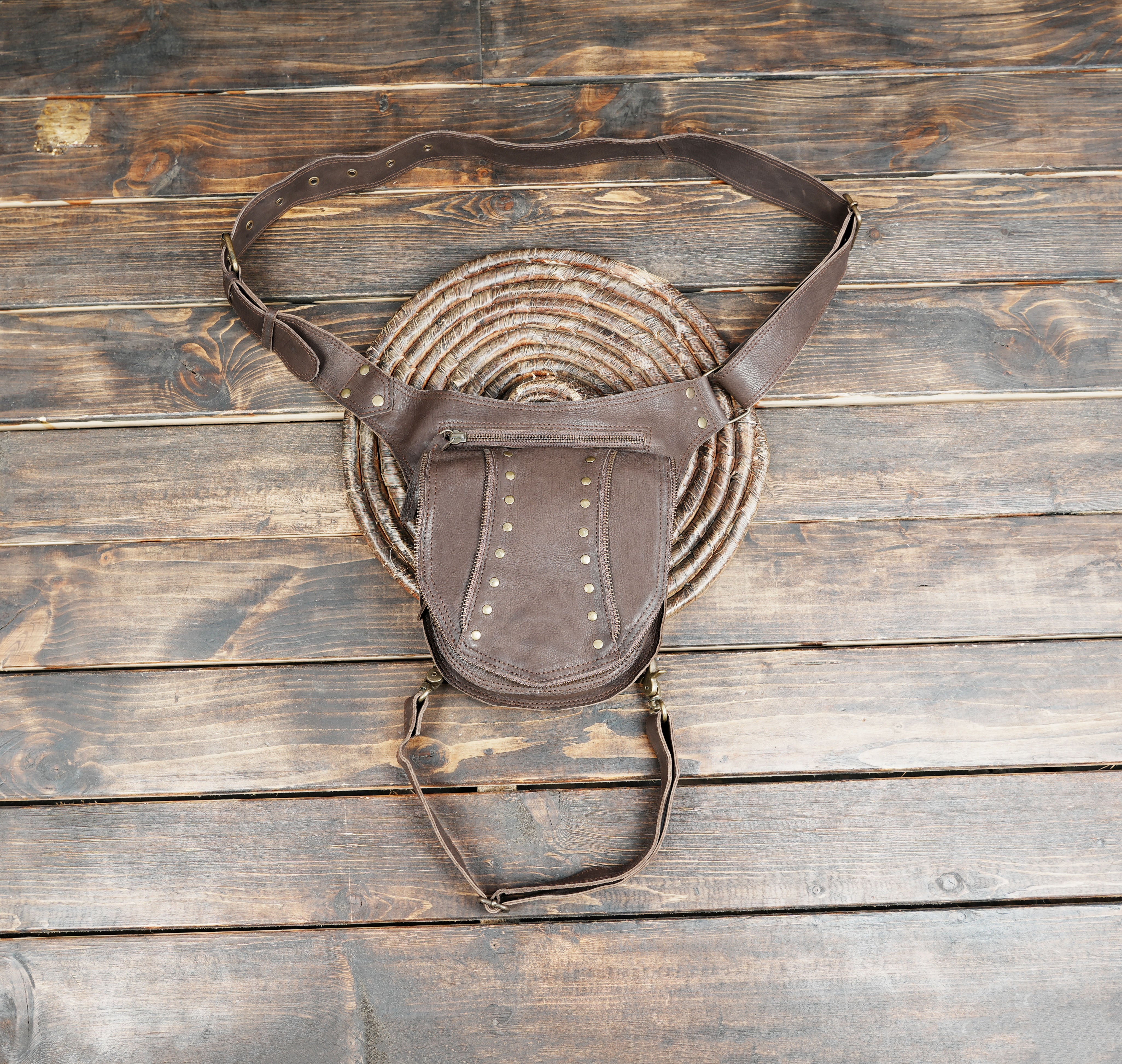 Brown genuine leather waist thigh belt with pouch for festivals