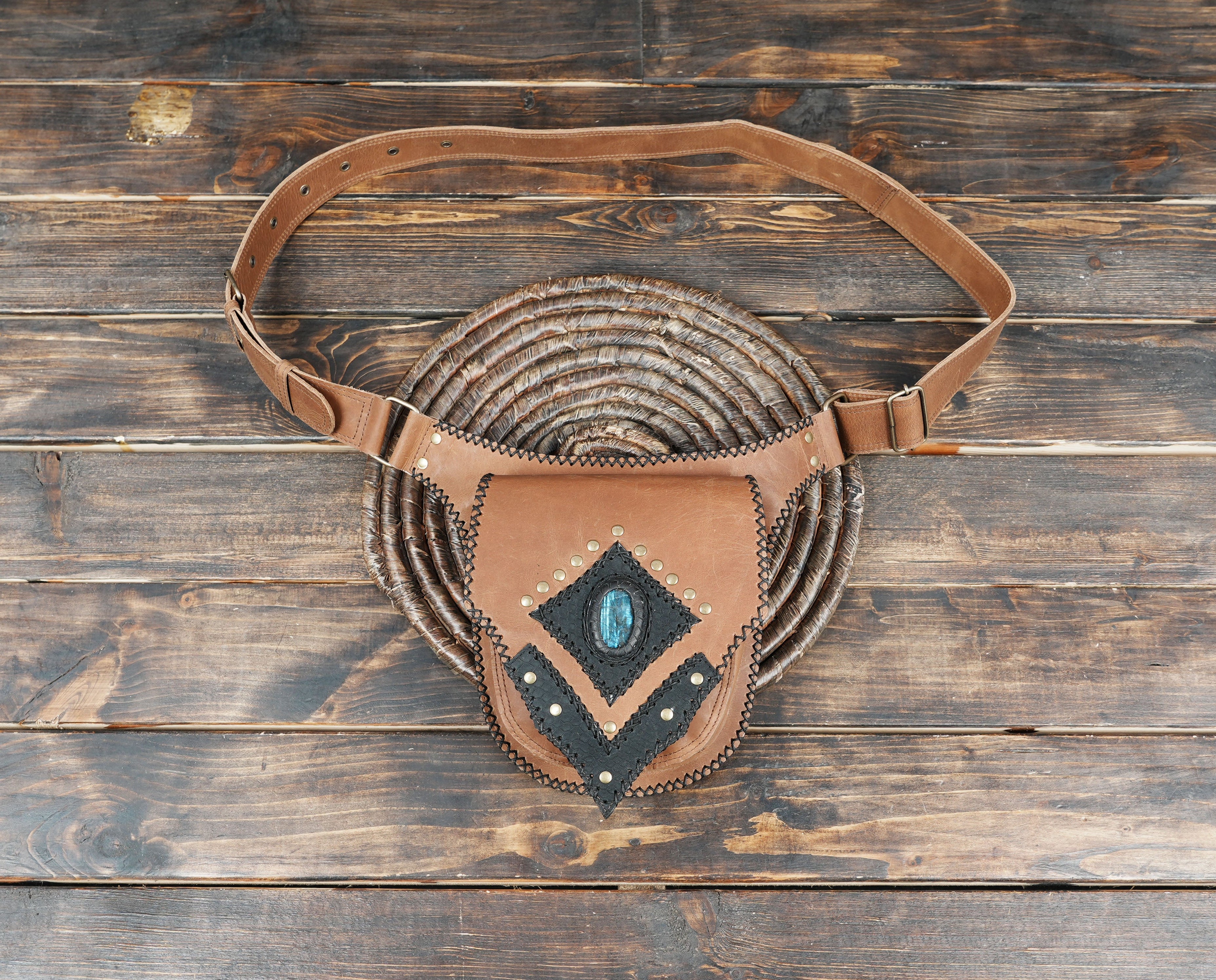 Handmade brown leather waist belt with blue gemstone accent