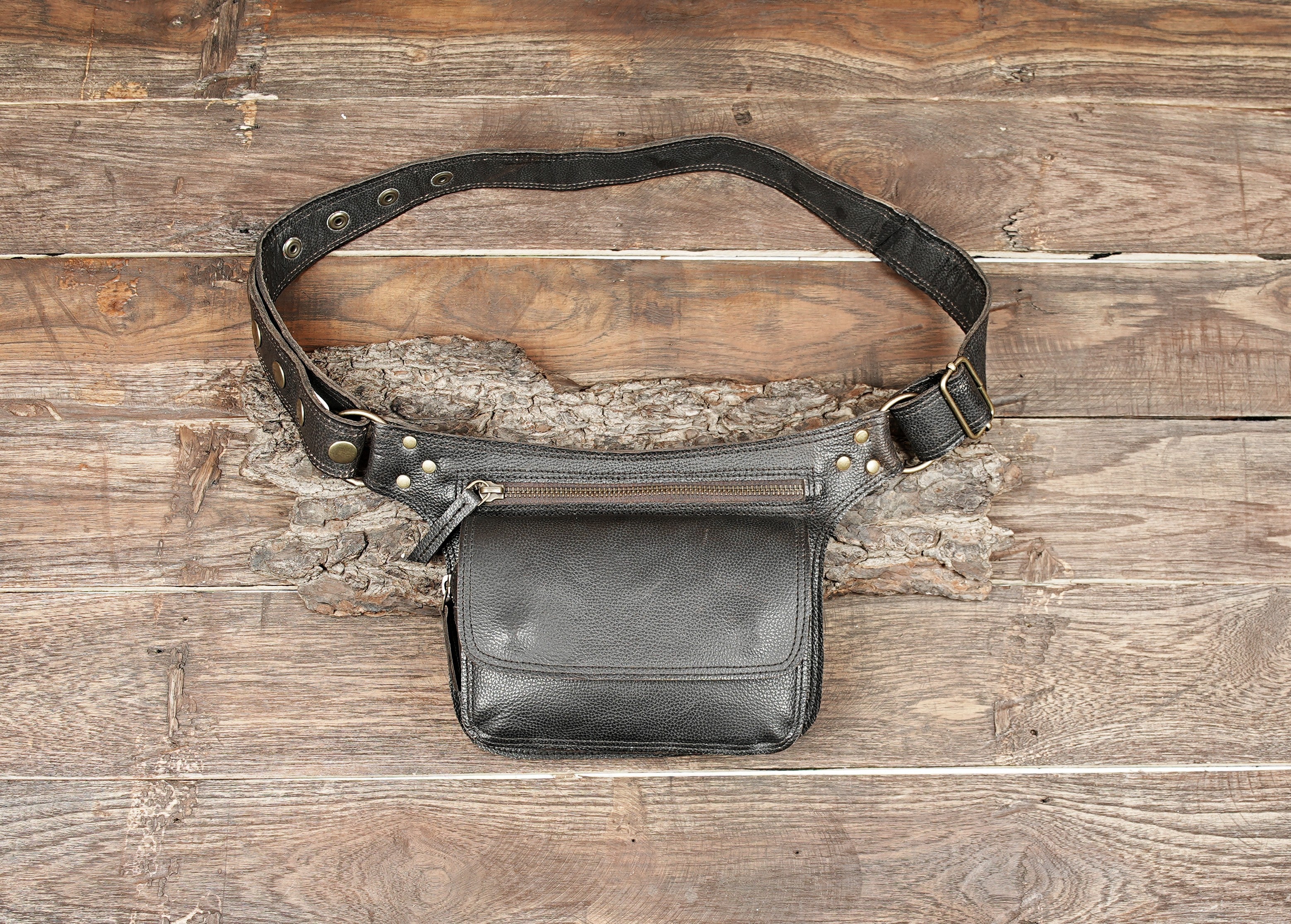 Handmade black leather waist bag front view