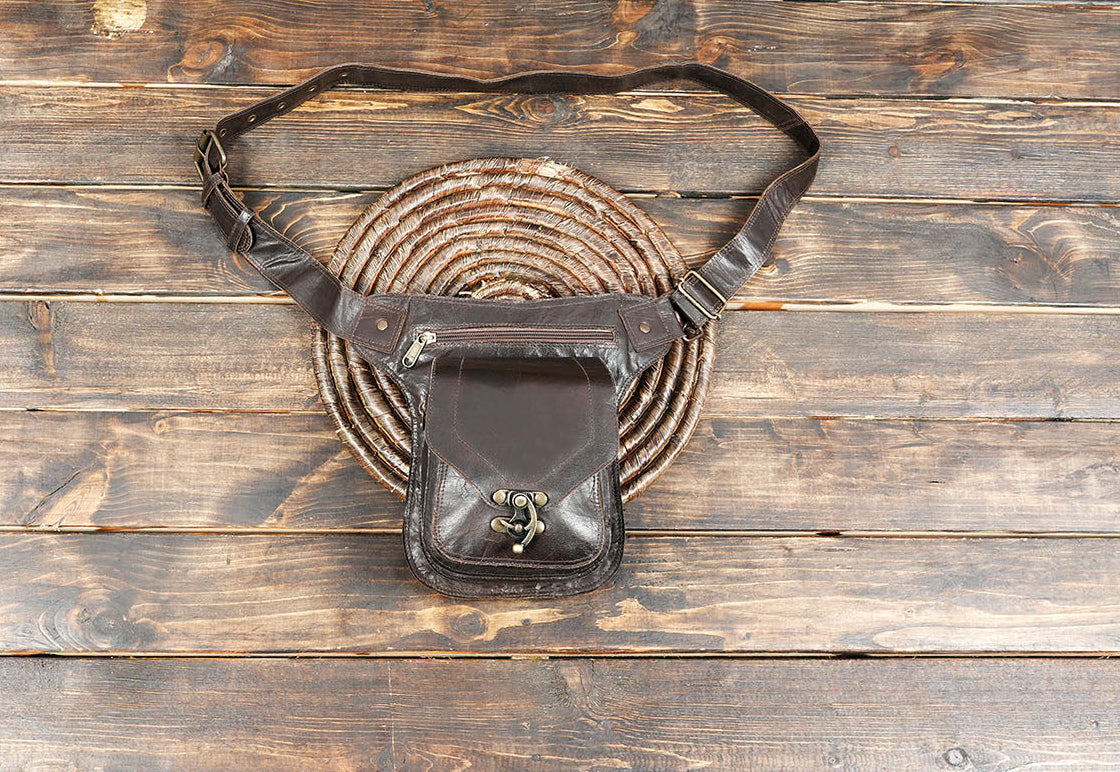 Brown leather waist belt with front utility pouch