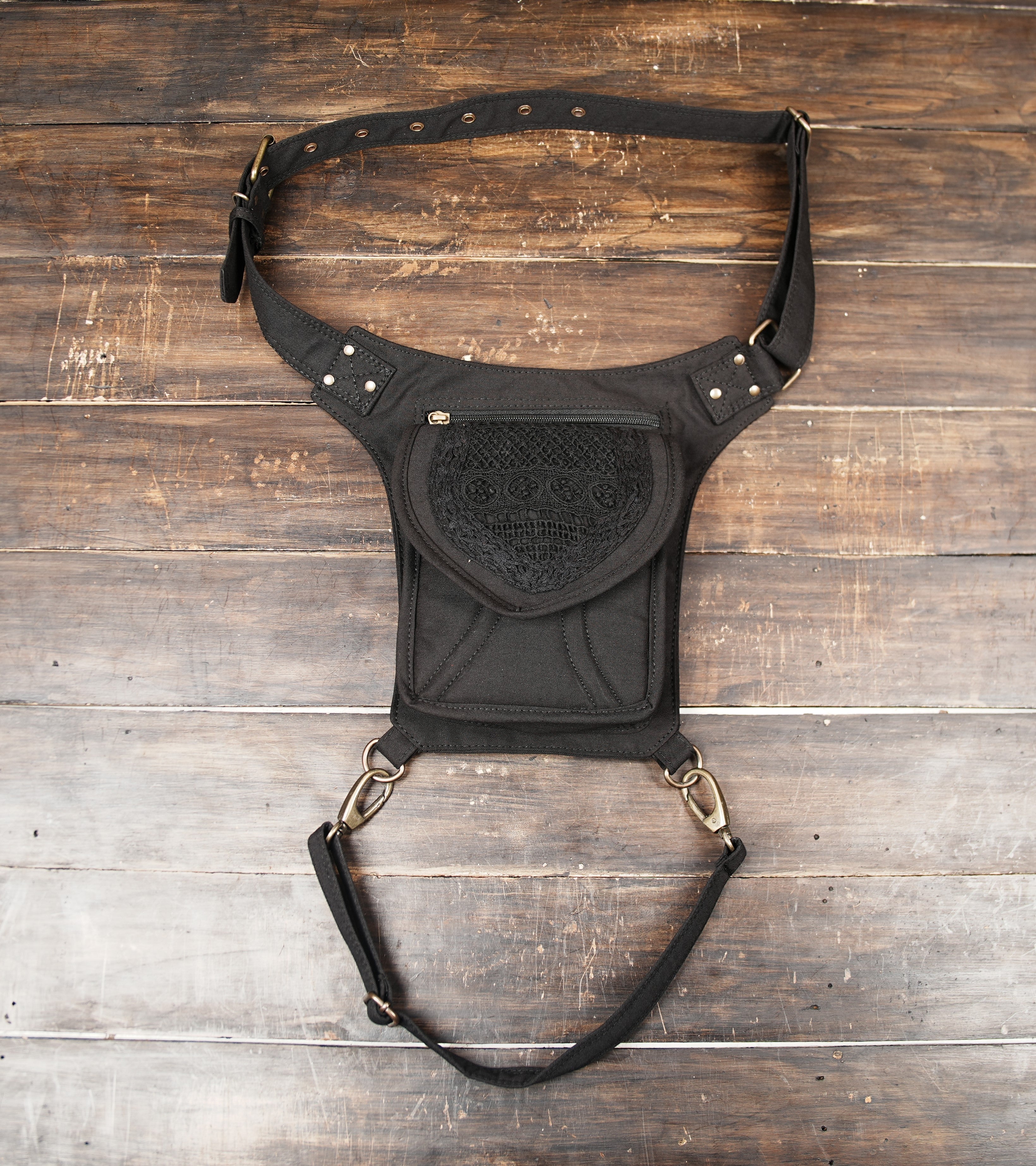 Handmade cotton utility belt bag with embroidery, ideal for festivals and travel.