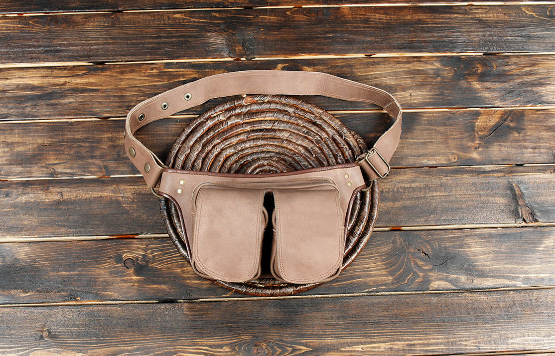 Handmade light brown leather waist belt with dual utility pouches