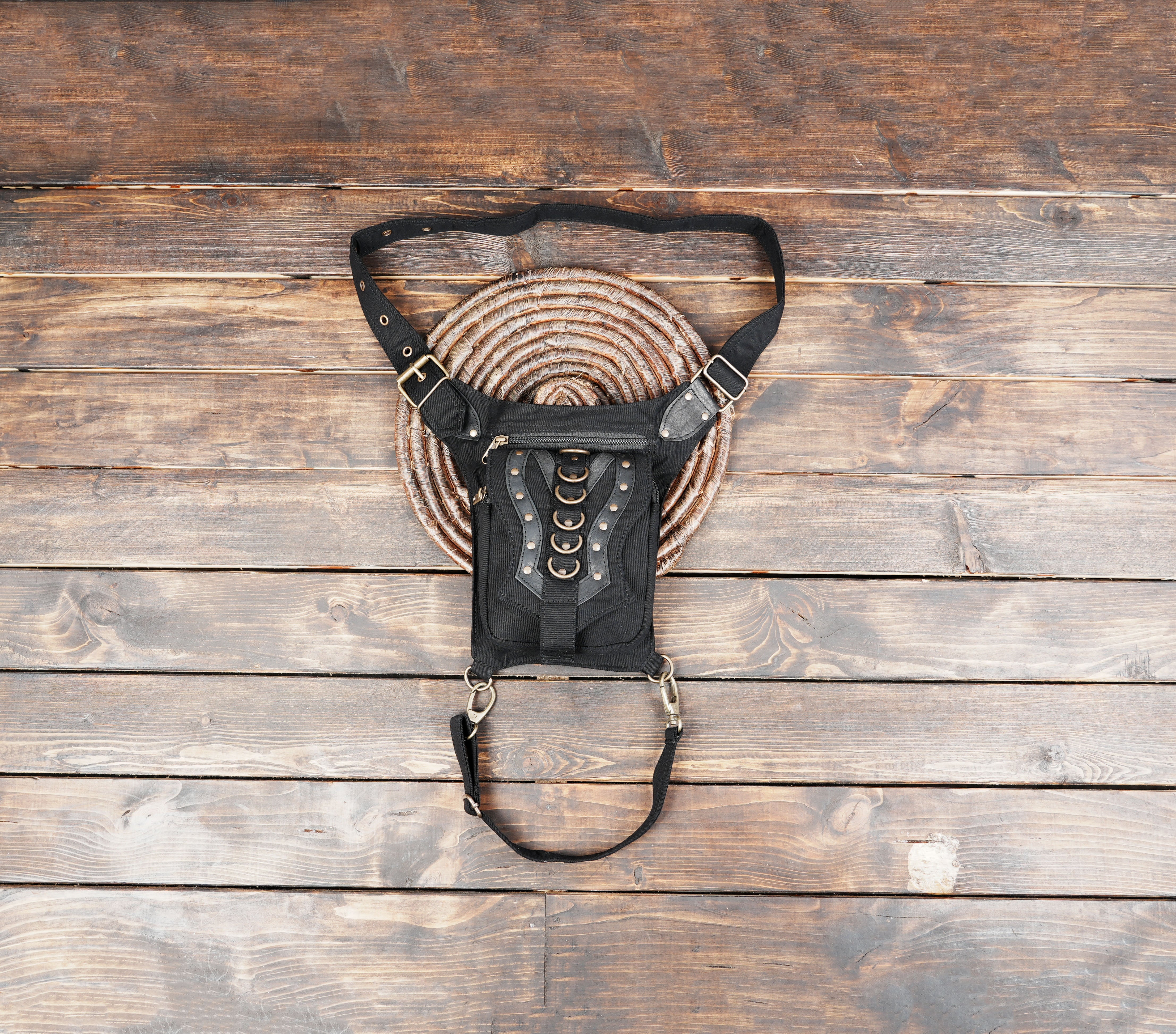 Motorcycle drop leg pouch made from breathable handmade cotton fabric.