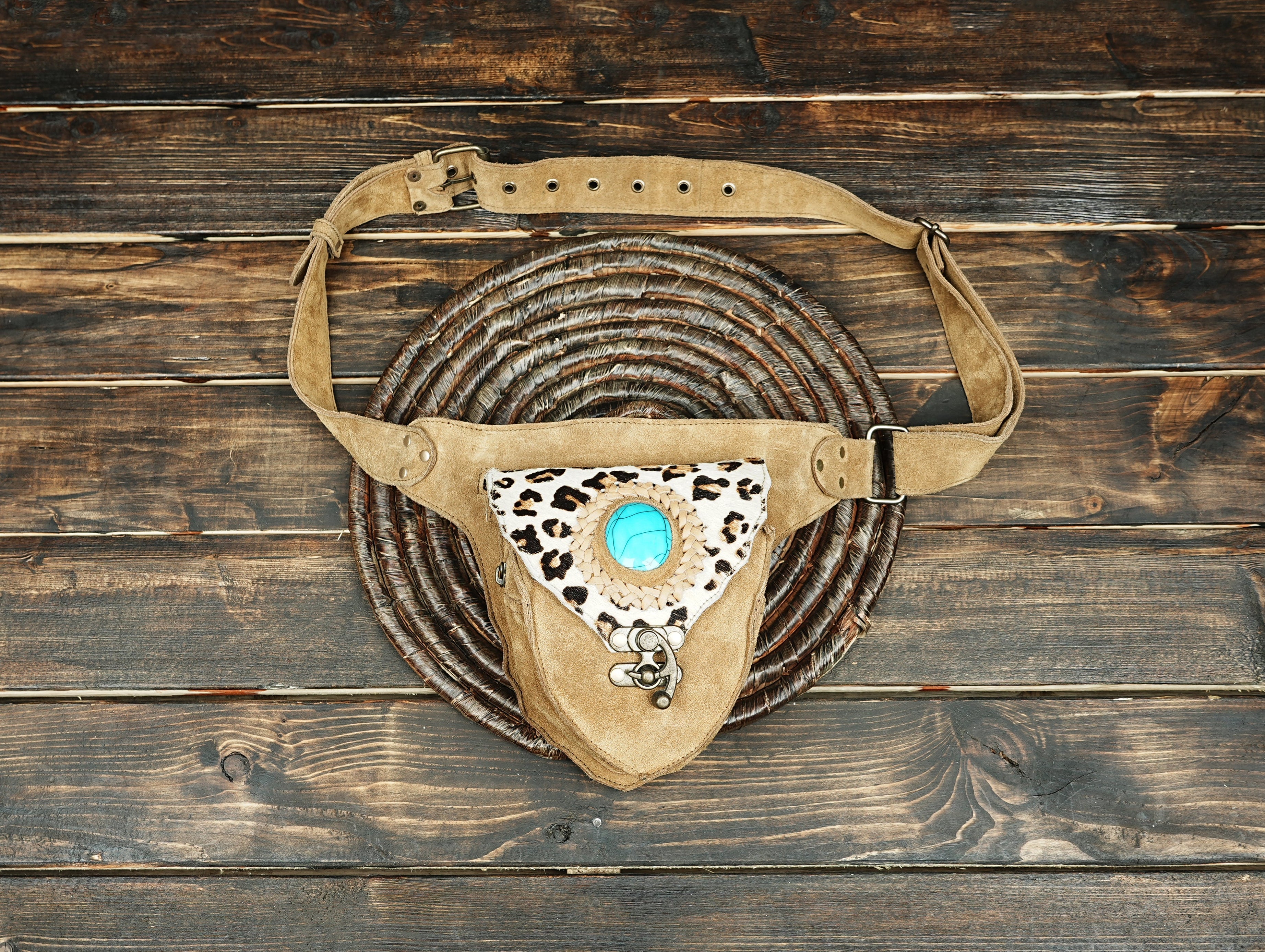Handmade suede leather waist belt with turquoise gemstone centerpiece
