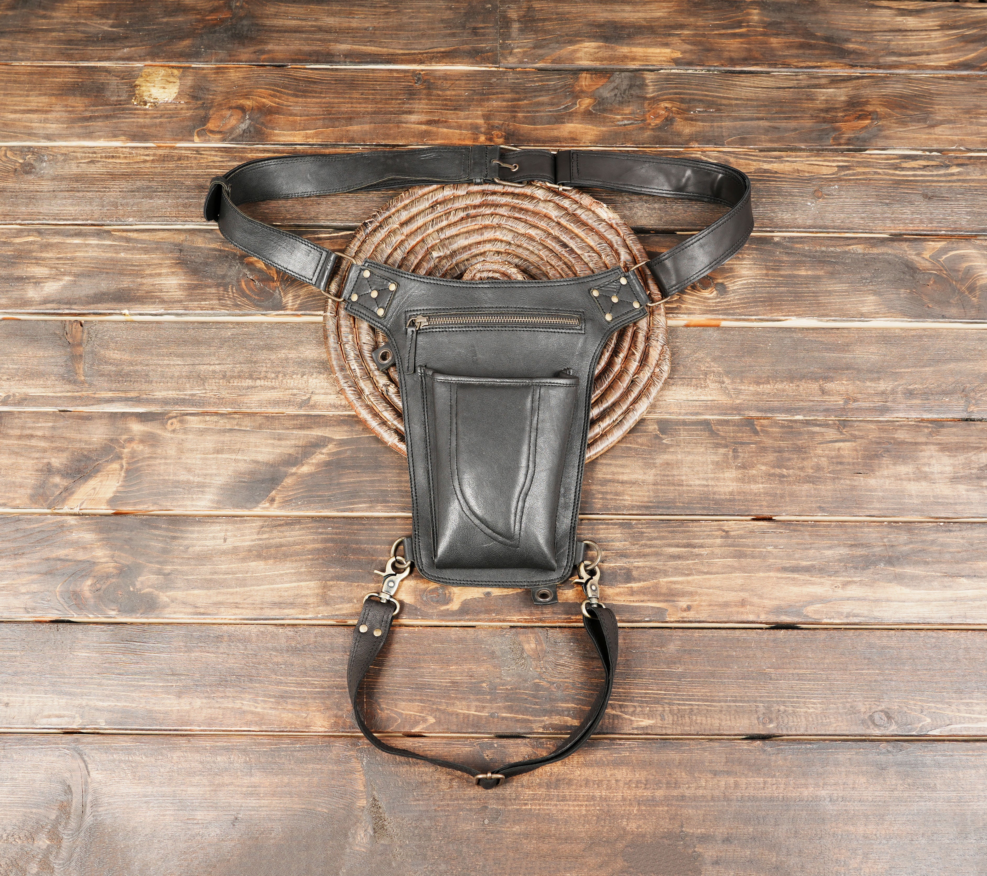 Handmade black leather waist and thigh belt with pouch – festival utility holster bag