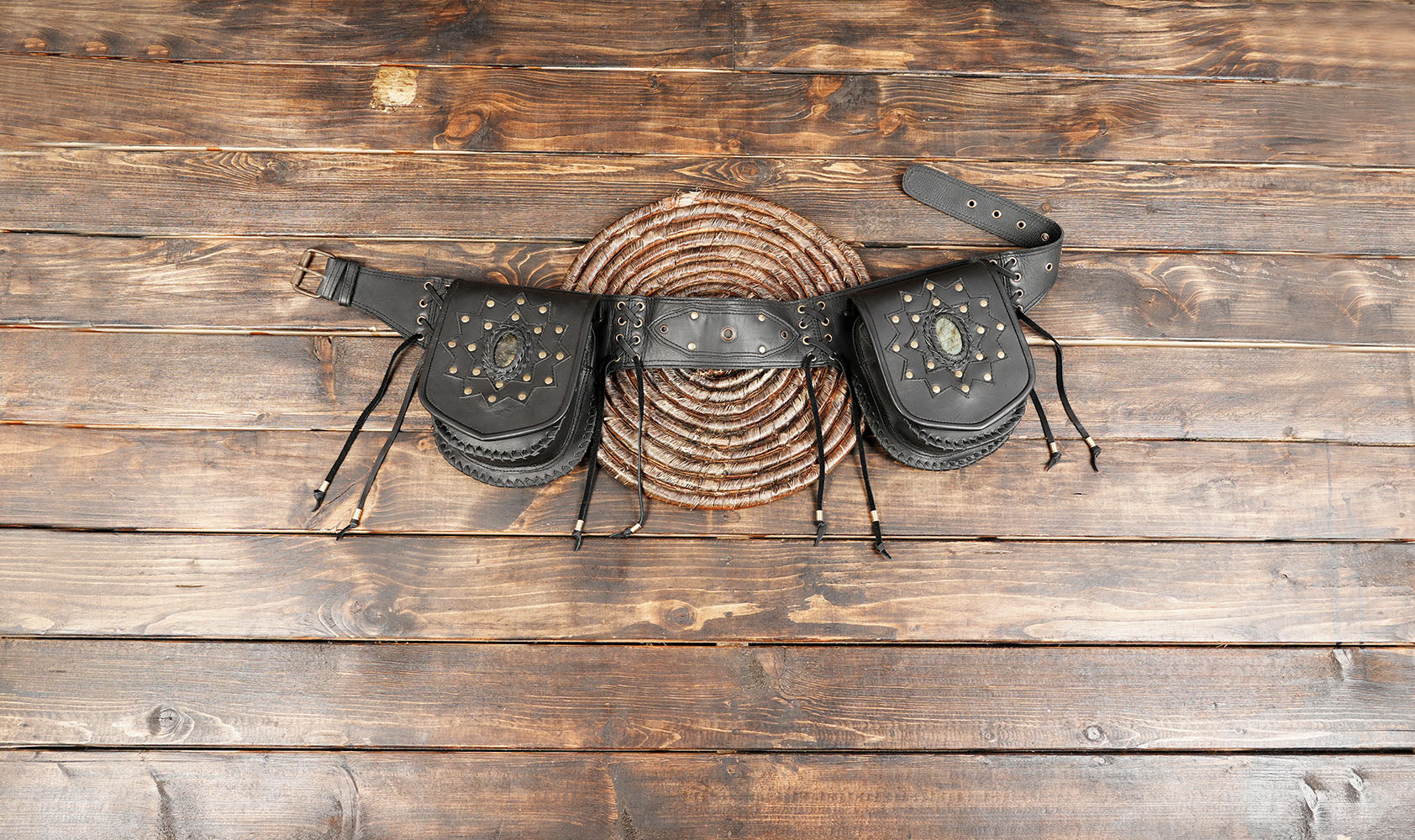 Handmade Black Leather Belt Bag: Gemstone Fanny Pack, Tribal Boho Style