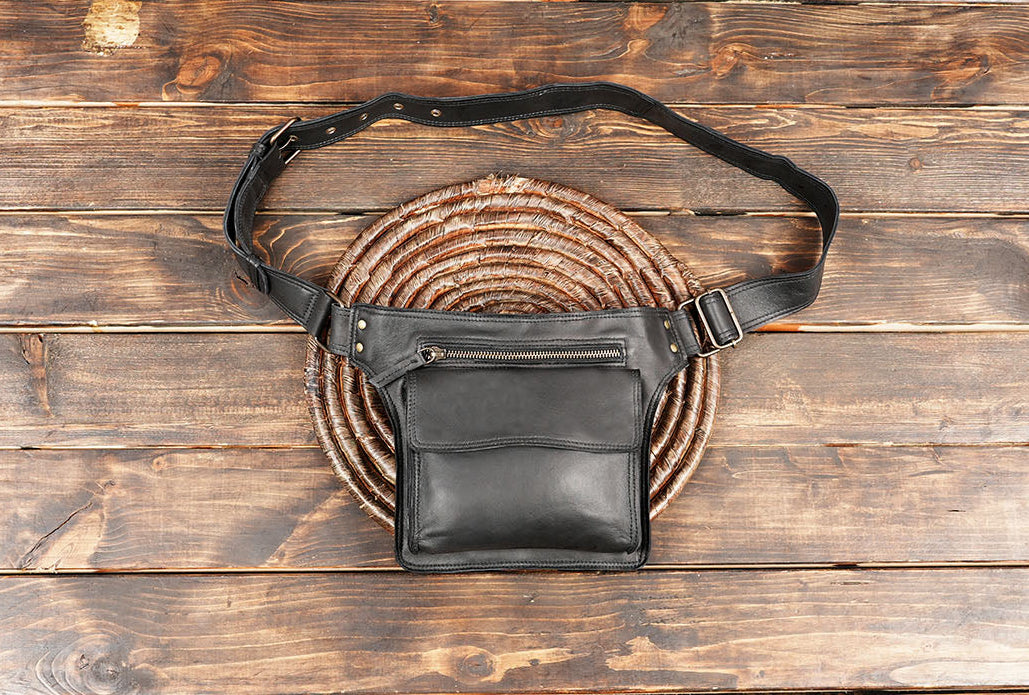 Black leather waist belt bag with front zipper pocket