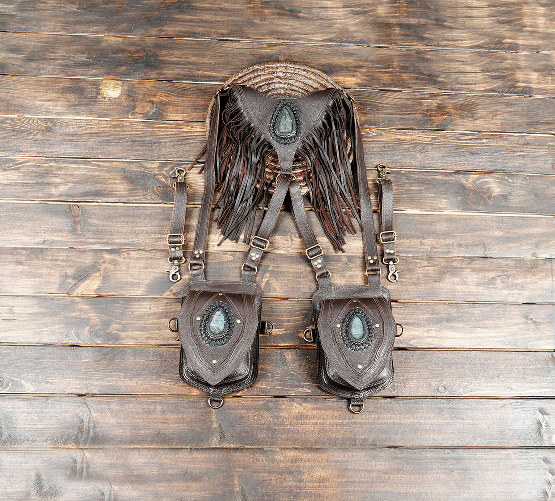Handmade brown leather holster bag with gemstone and fringe