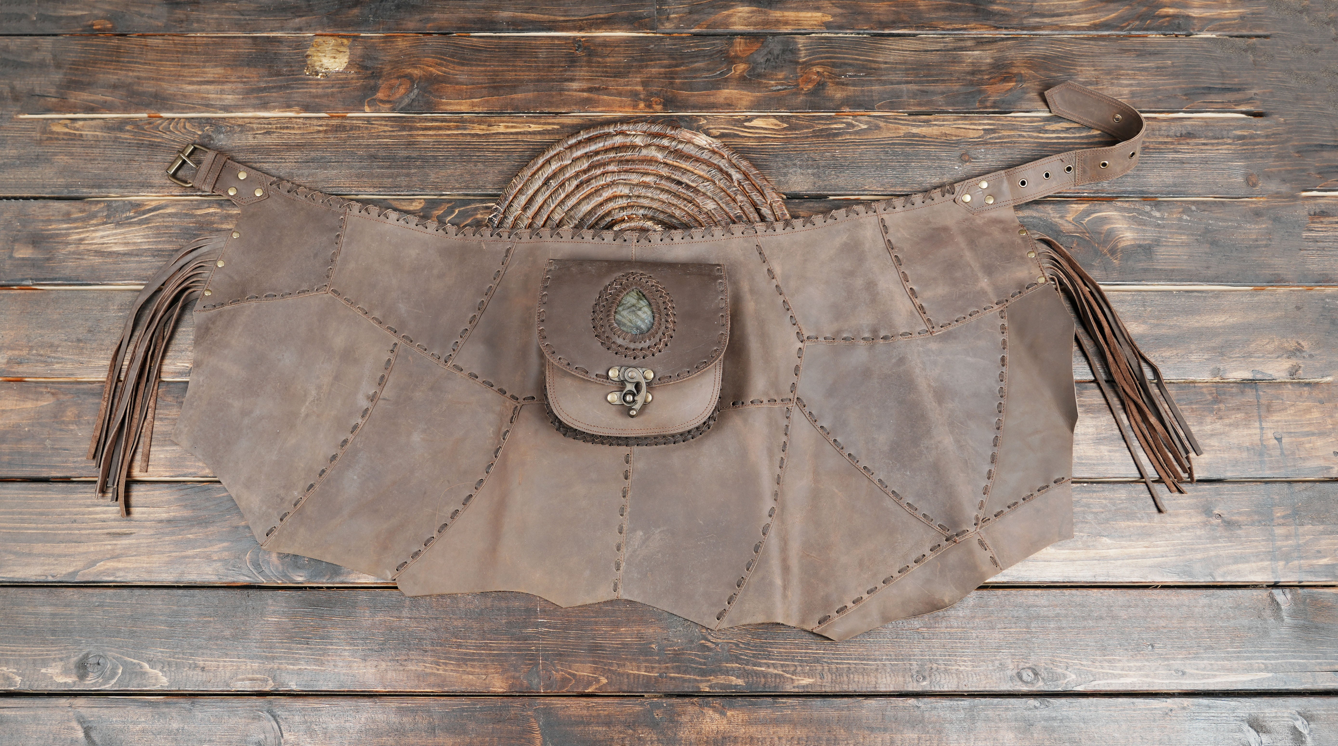 Handmade genuine leather skirt with artistic patch design