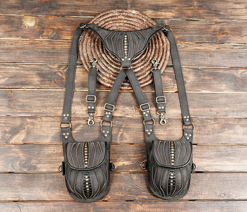 Gothic Inspired Leather Holster with Dual Storage || Decorative Leather Festival Holster Harness (LT-AB-HLS-6104)