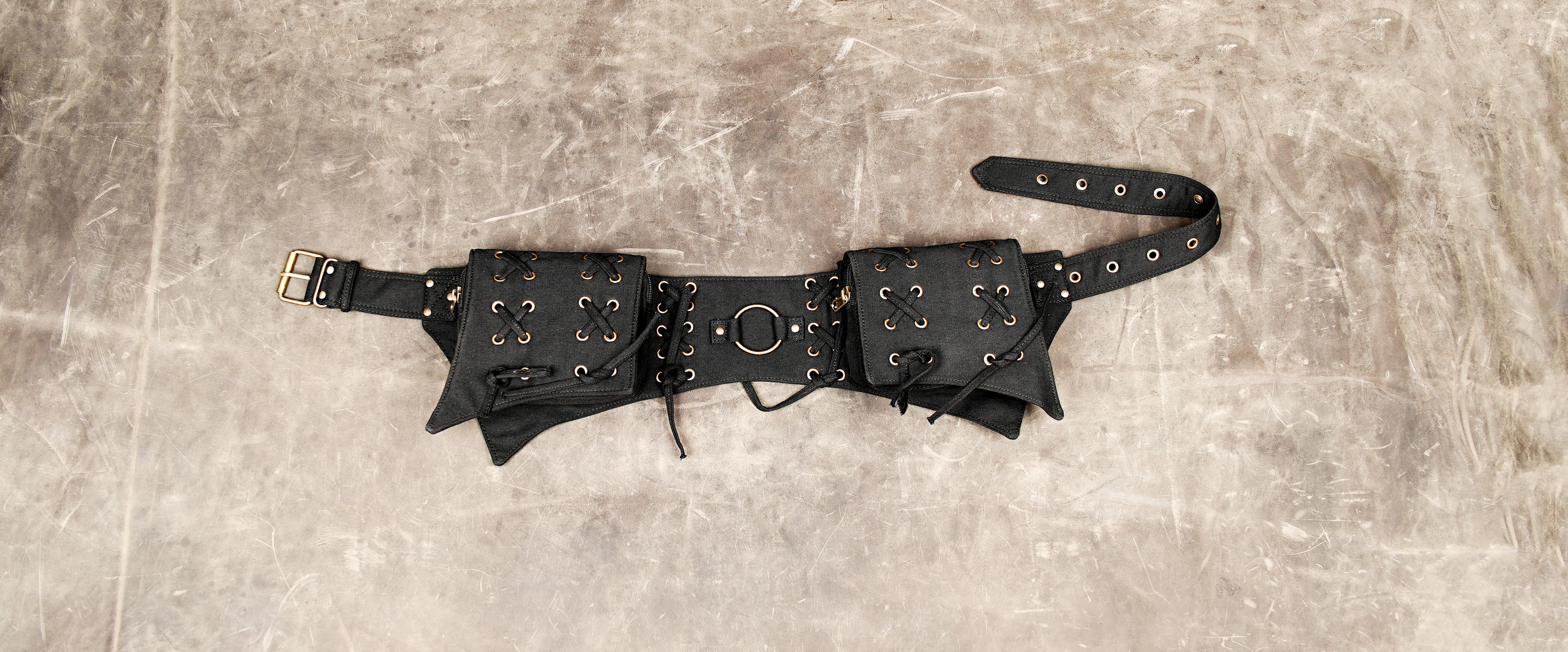 Gothic black cotton waist belt with front bags