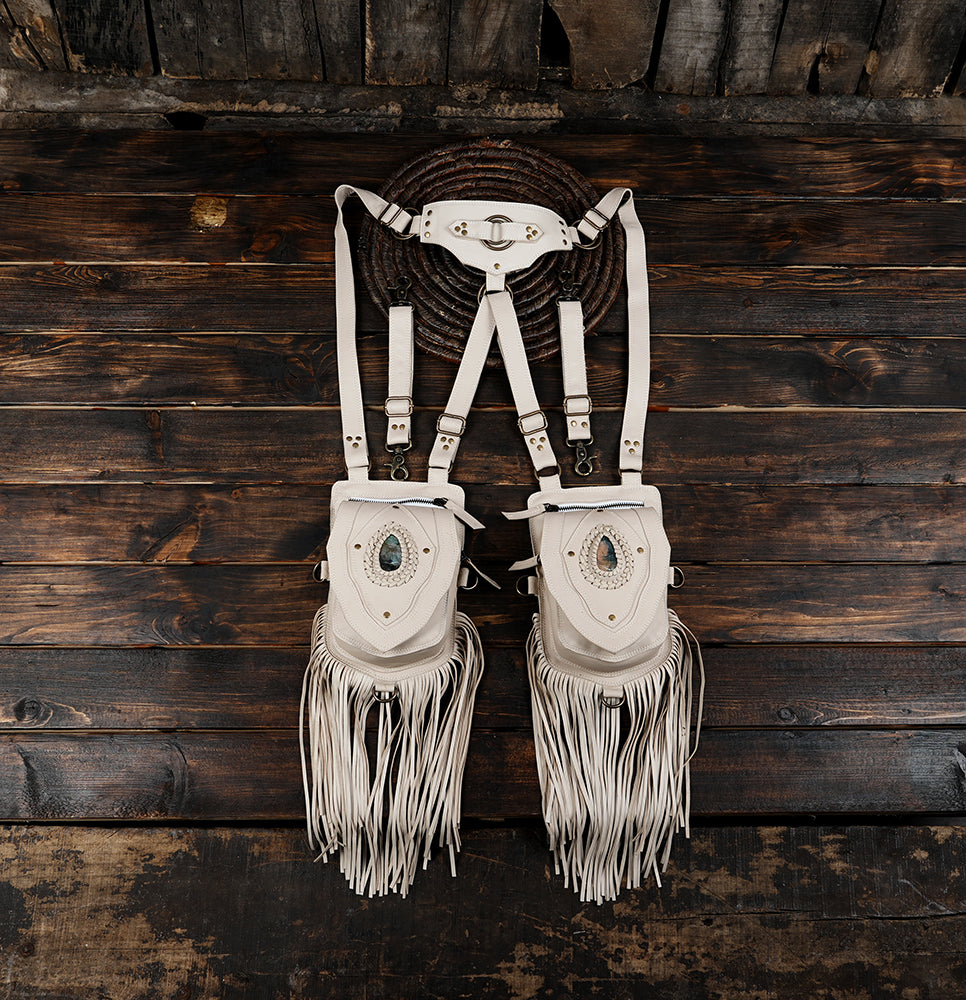 Western white leather dual holster bag with gemstone inlay