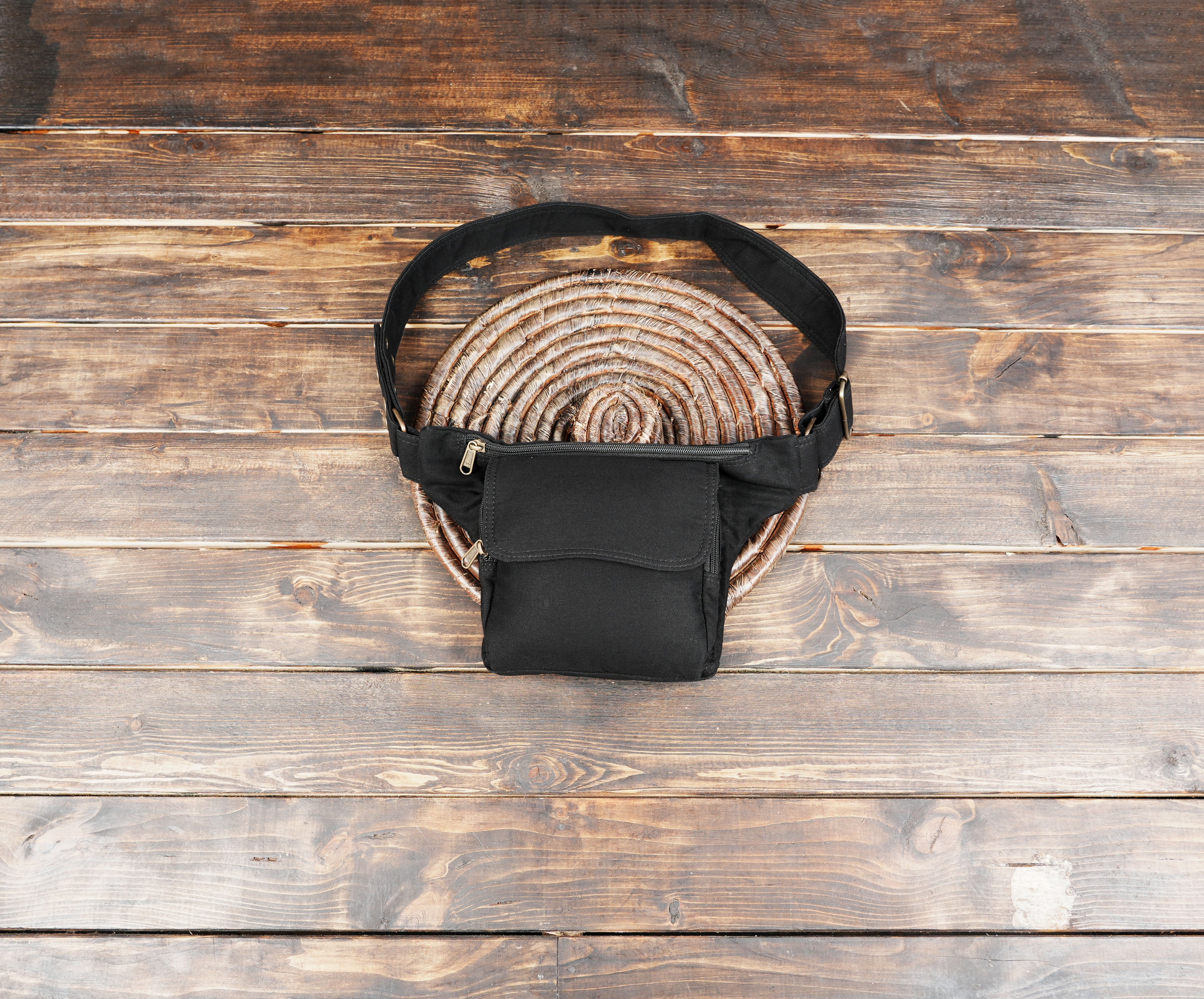 Black Cotton Waist Belt Bag with Adjustable Strap and Secure Utility Pocket