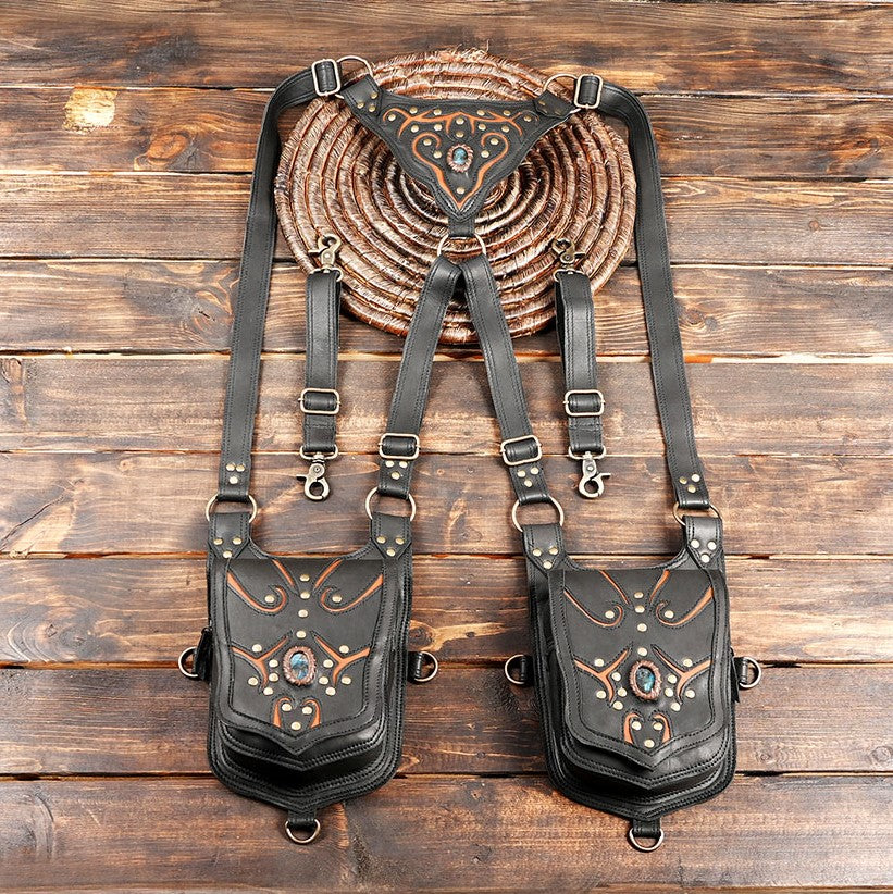 Handmade leather dual holster bag with gemstone detail